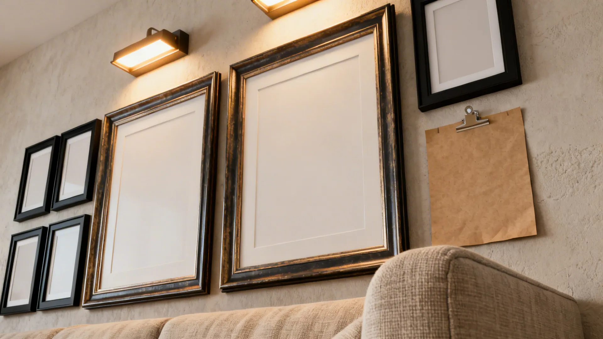Close-up of a curated gallery wall with large frames, consistent mats, and kraft-paper layout mock-up.