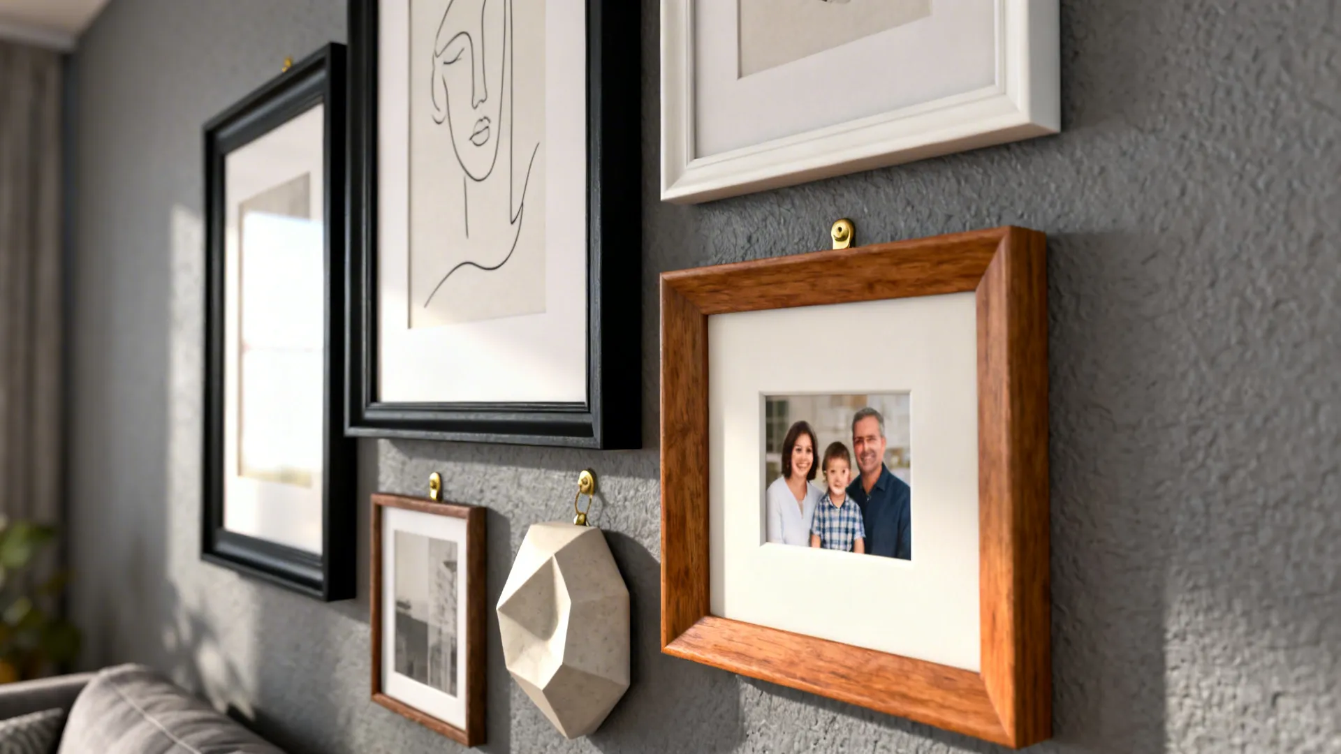 Mixed black, warm wood and off-white frames on a textured grey wall