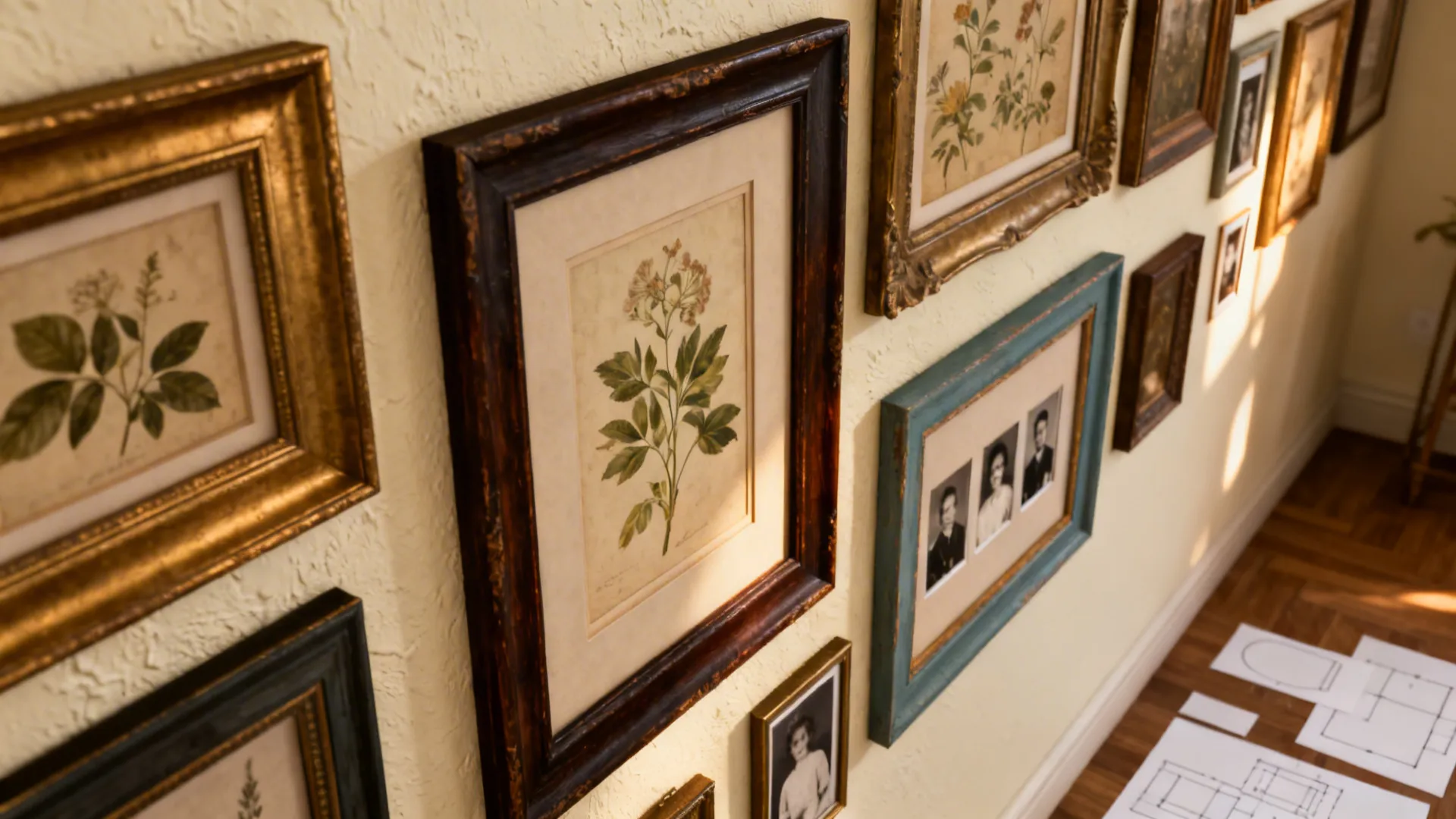 Eclectic gallery wall with antique frames, botanical prints and family photos in varied finishes.