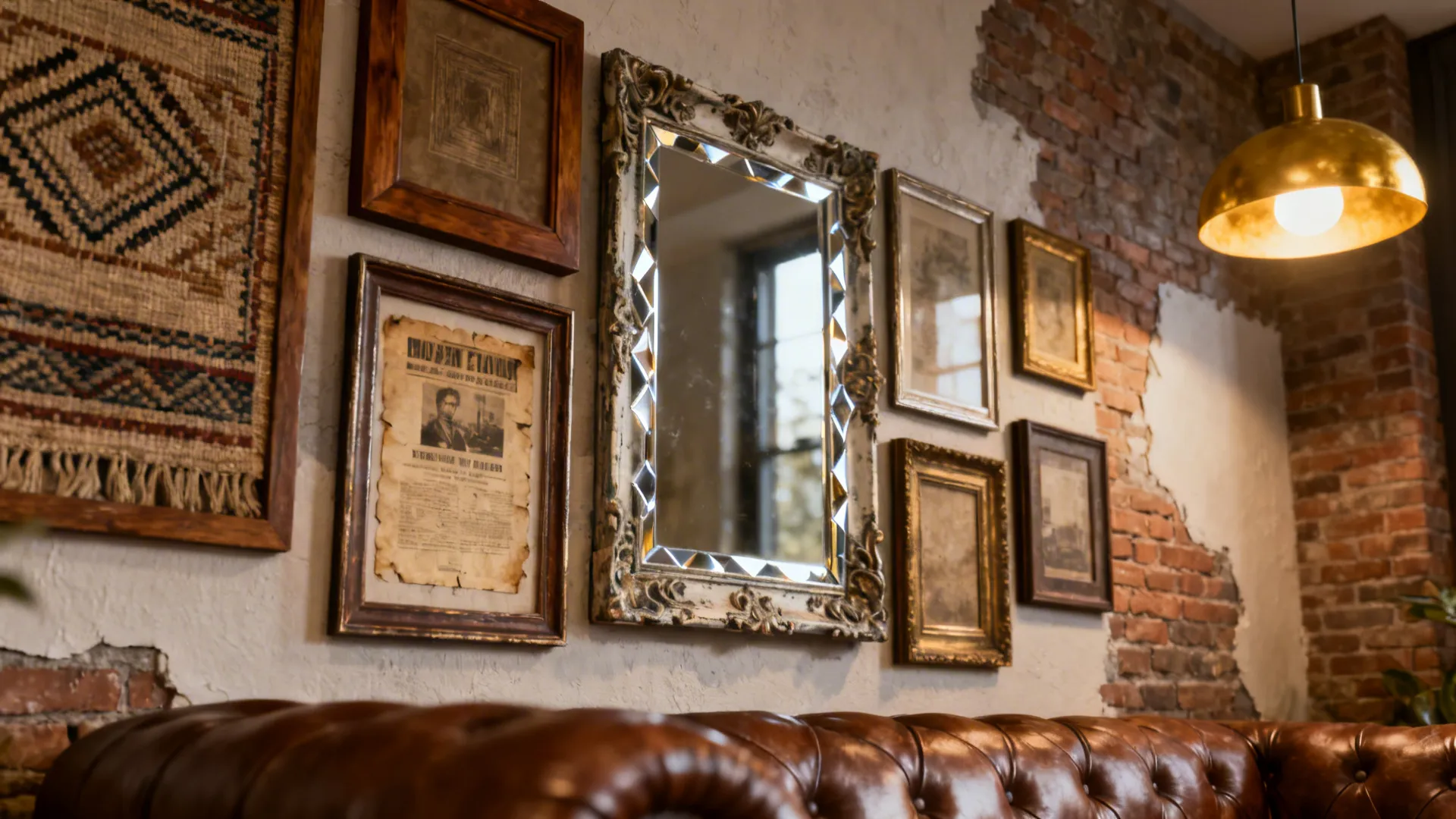 Close-up of an eclectic gallery wall above a brown leather sofa featuring mixed frames and woven art.