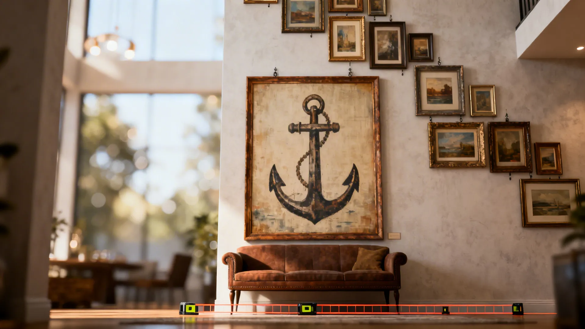 Close-up of a curated gallery wall climbing a two-story wall with an anchor artwork and staggered frames