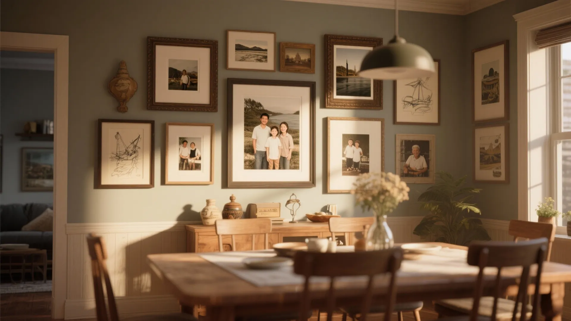 Gallery wall with matching frames in a dining room setting