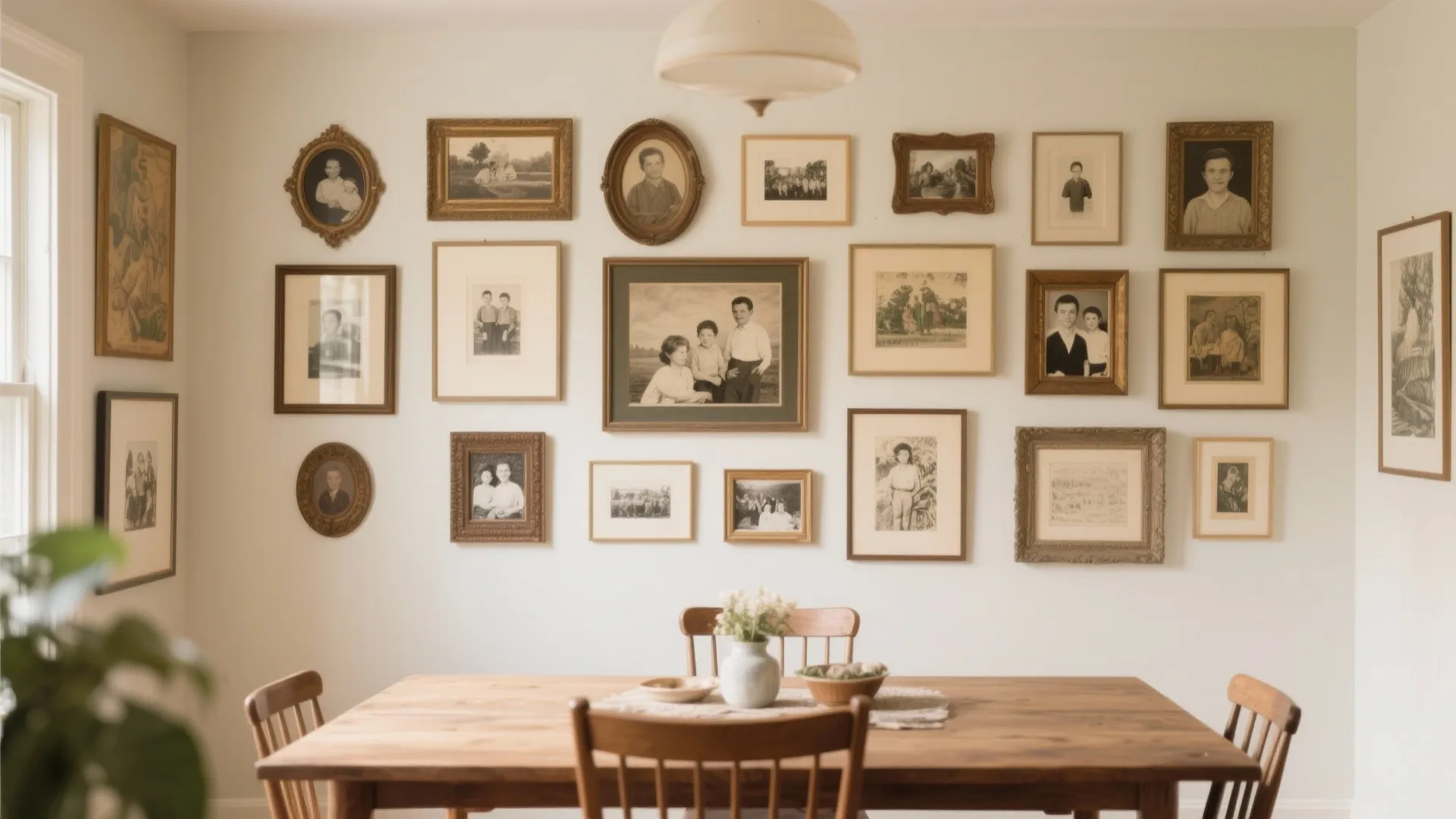 Minimalist dining room with wooden table and chairs featuring a gallery wall of family photos