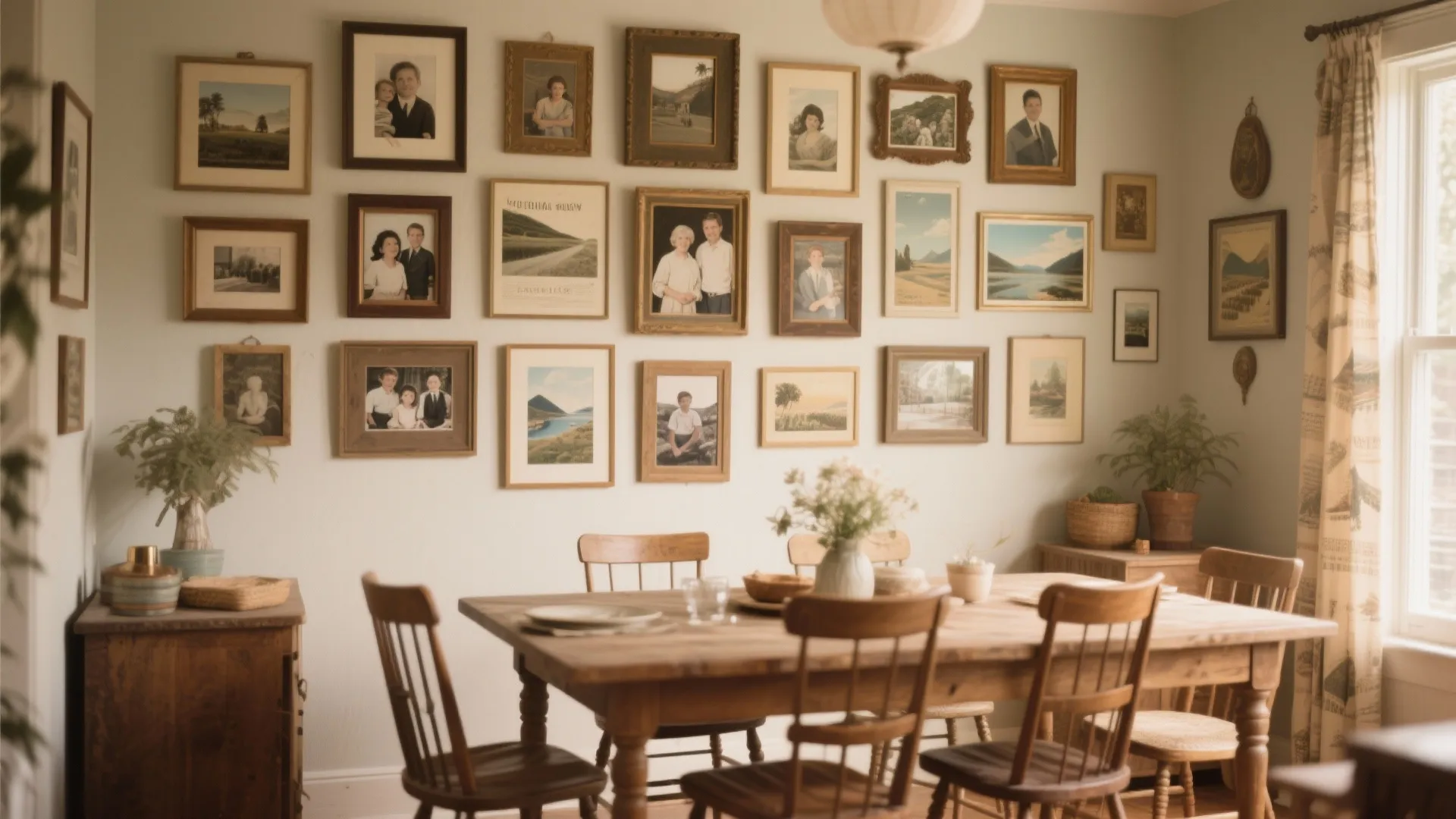 Vintage dining room with wooden table chairs and wall covered in many small framed photos