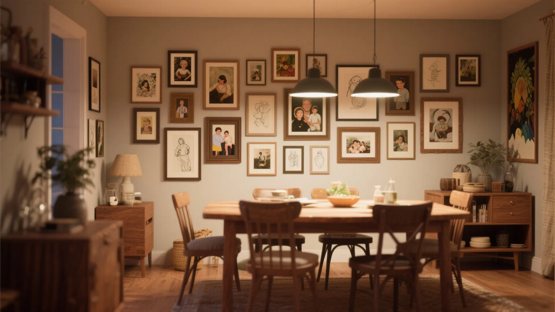 Cozy dining room featuring a gallery wall of framed pictures wooden table and black light fixtures
