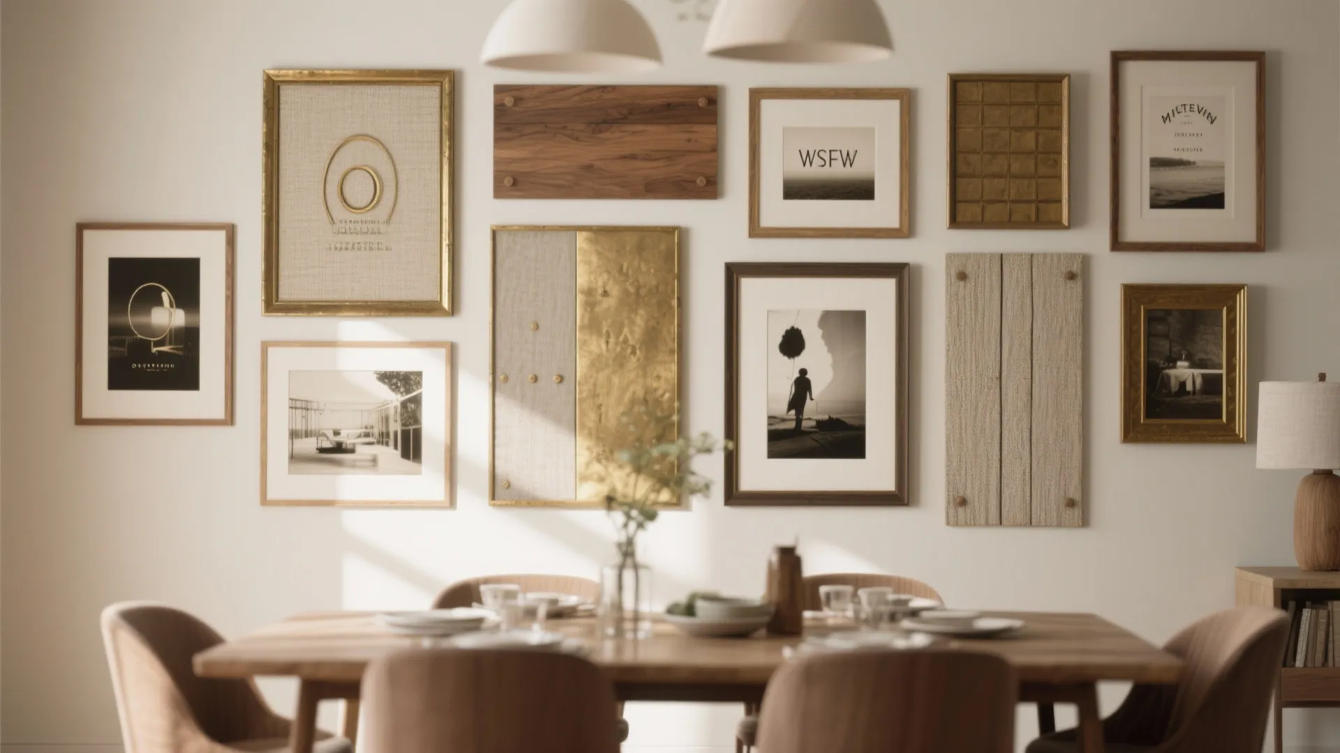 Wooden dining table and chairs set against a gallery wall featuring various framed pictures and art