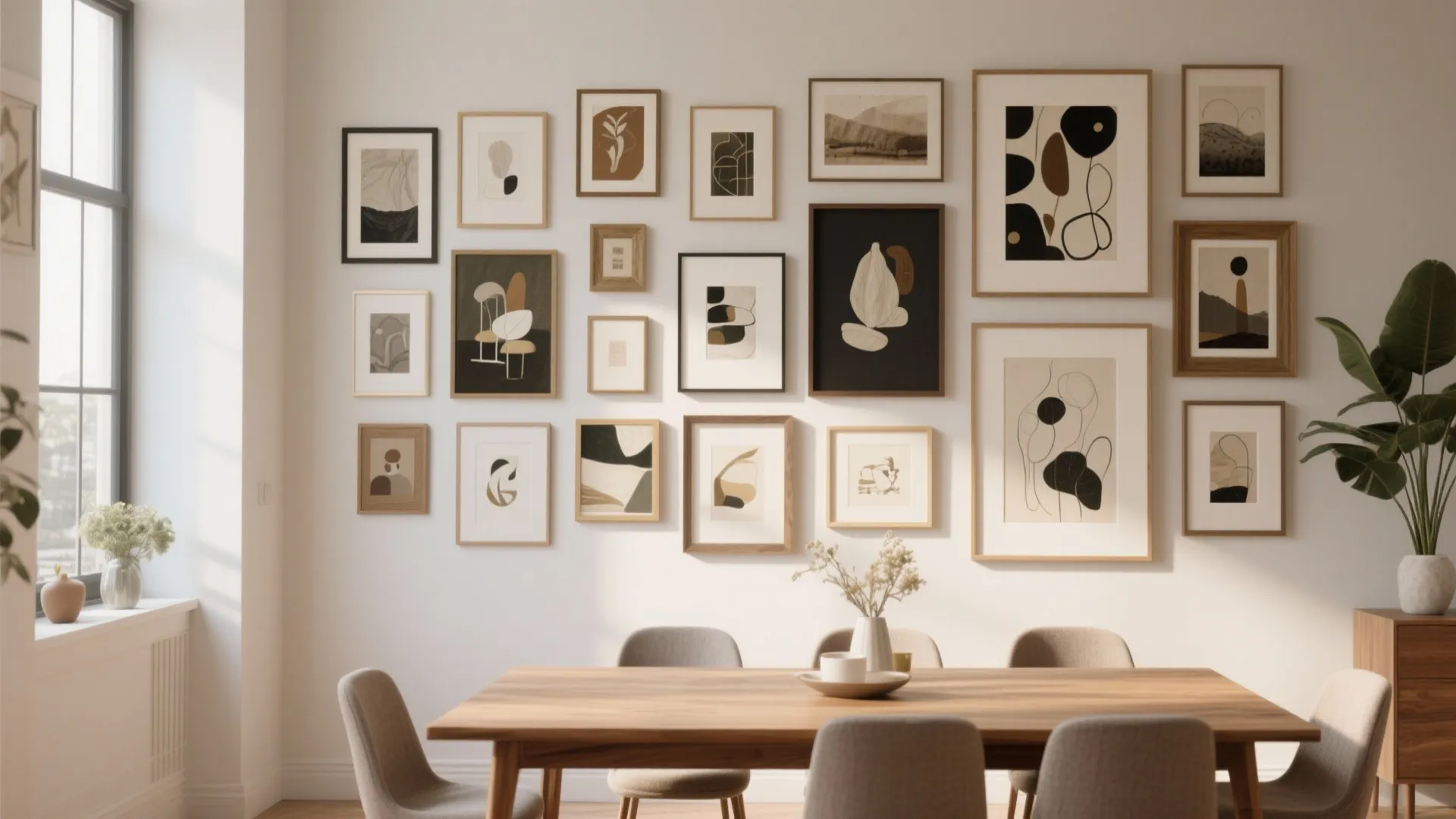 Modern dining room featuring wooden table and chairs with a large art gallery wall display