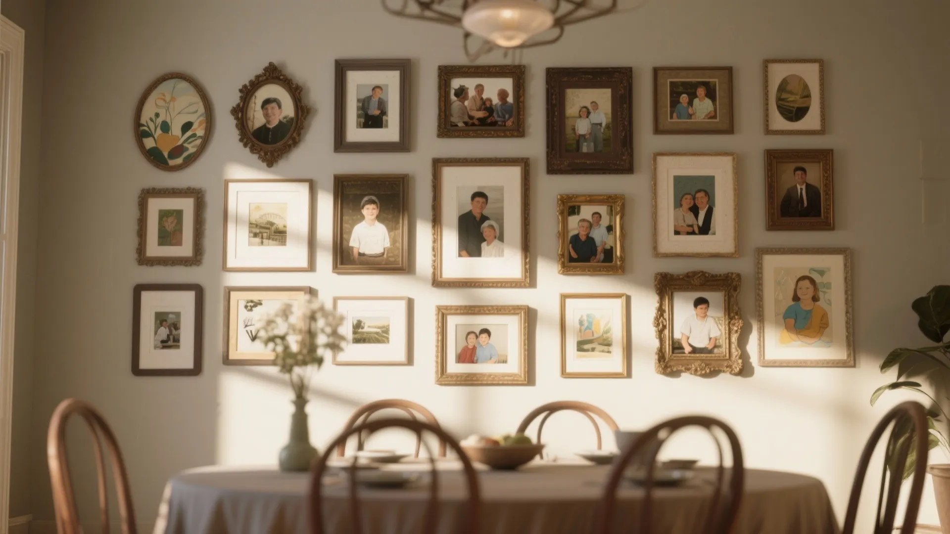 Dining room wall decorated with many framed family pictures above a wooden table with chairs