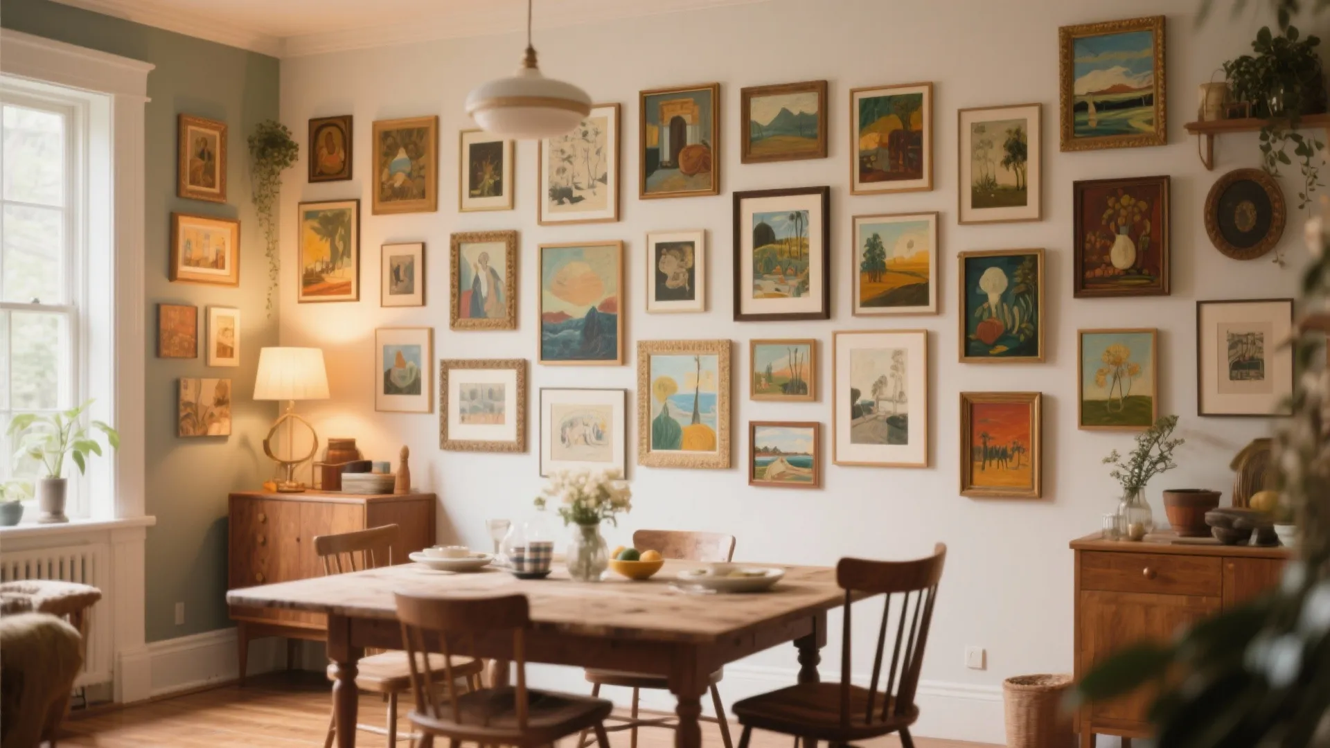 Eclectic dining wall covered in small framed paintings