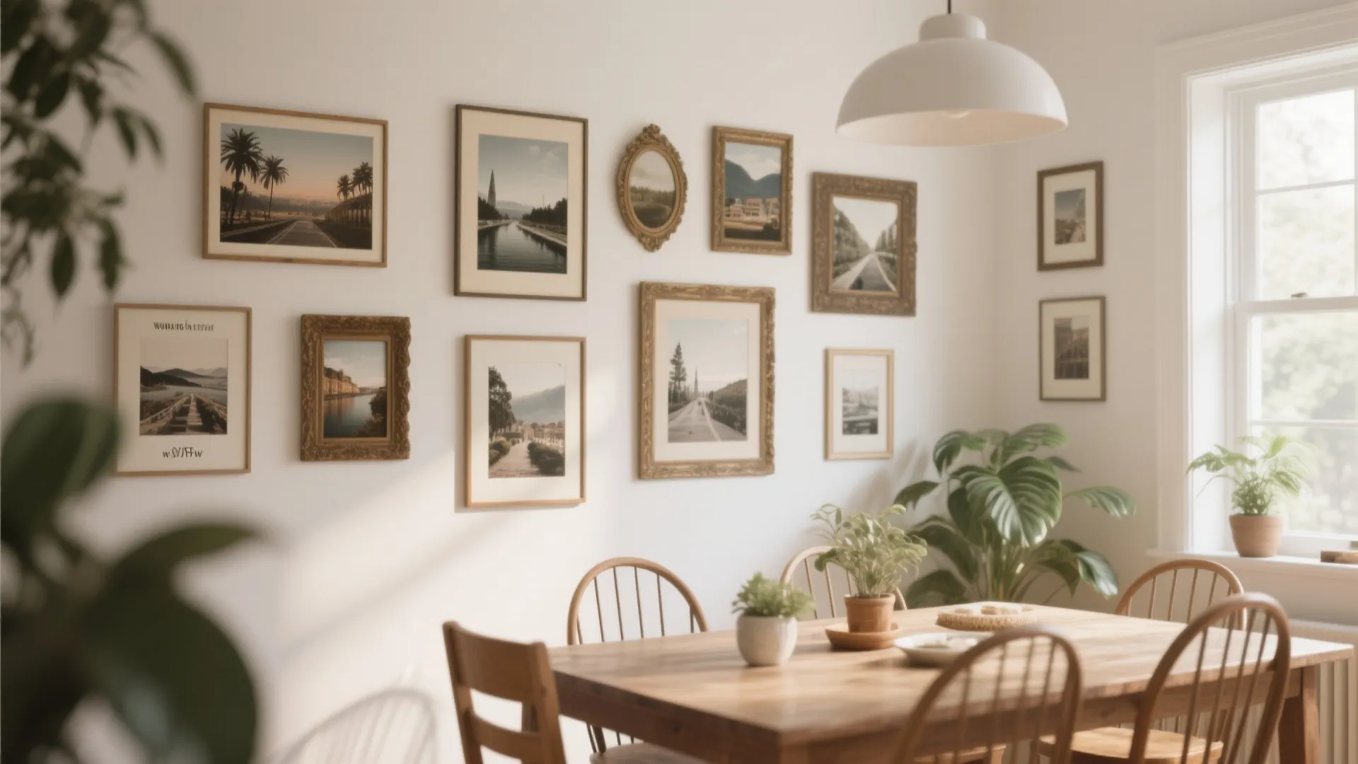 Bright dining area with gallery wall of framed photos white ceiling light and wooden table