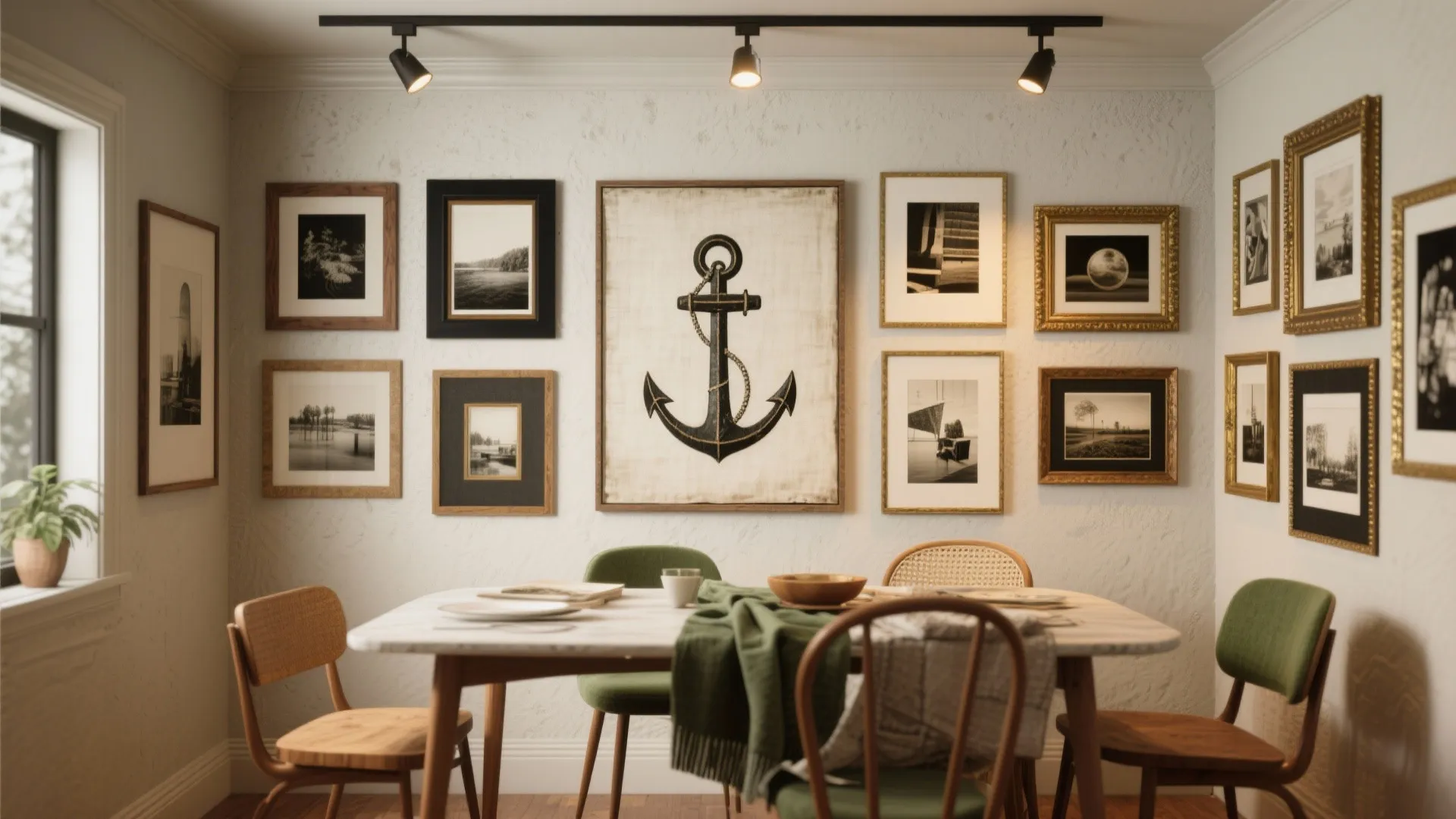 Dining nook with a gallery wall combining a large anchor canvas and mixed smaller frames under warm lighting.
