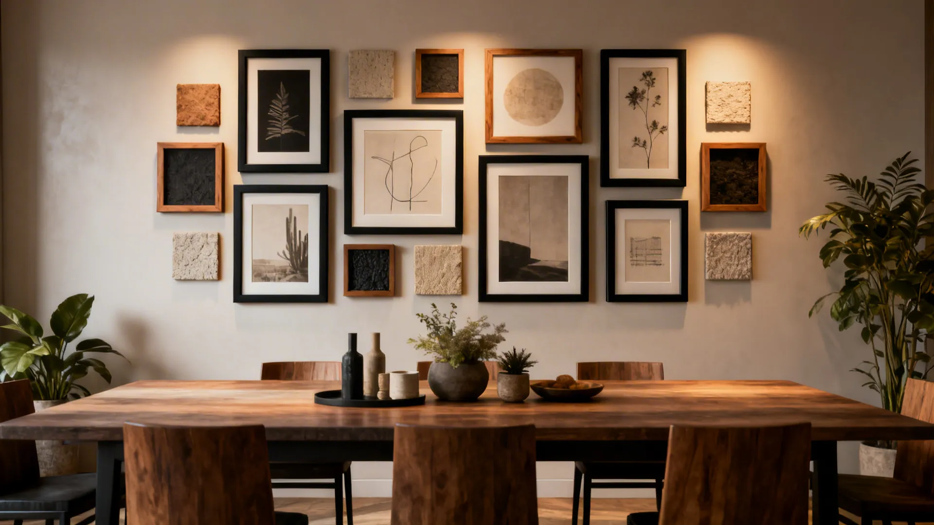 Curated gallery wall above a dining table with mixed frames sharing a consistent finish.