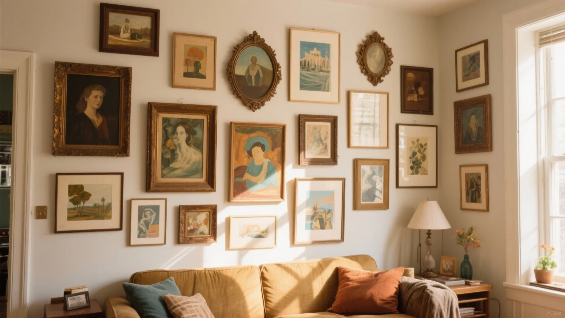Gallery wall with mixed frames and assorted artwork