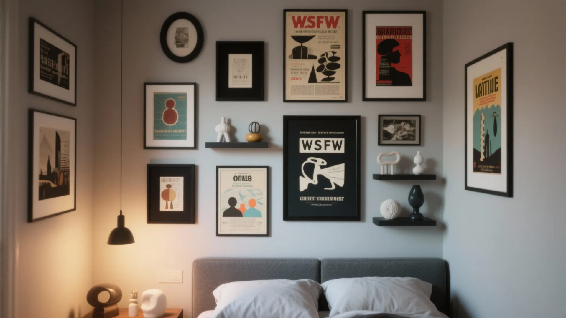 Eclectic bedroom wall decorated with many framed art prints and small black floating display shelves