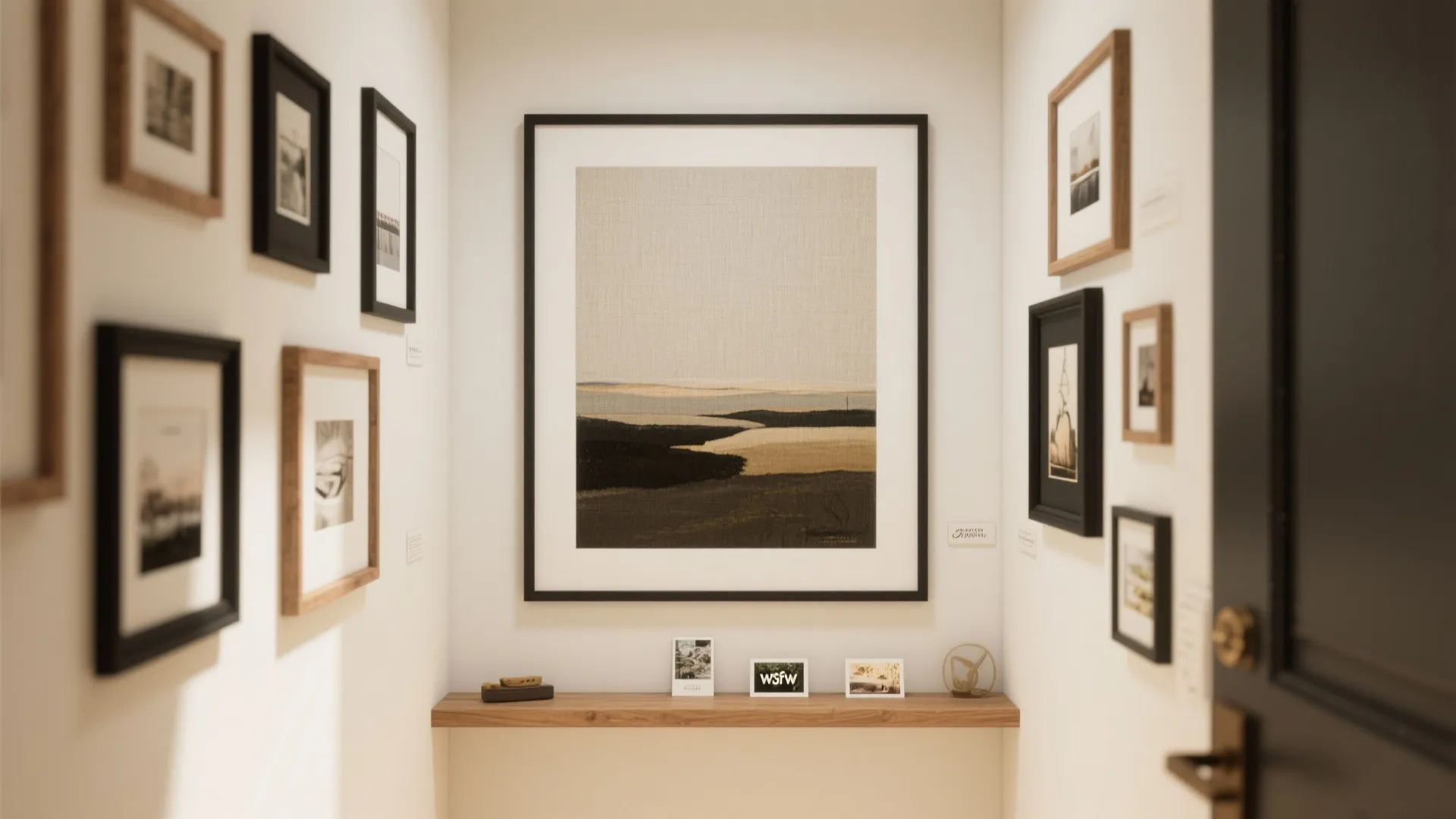 Layered gallery wall with ledges, mixed frames, and a focal anchor