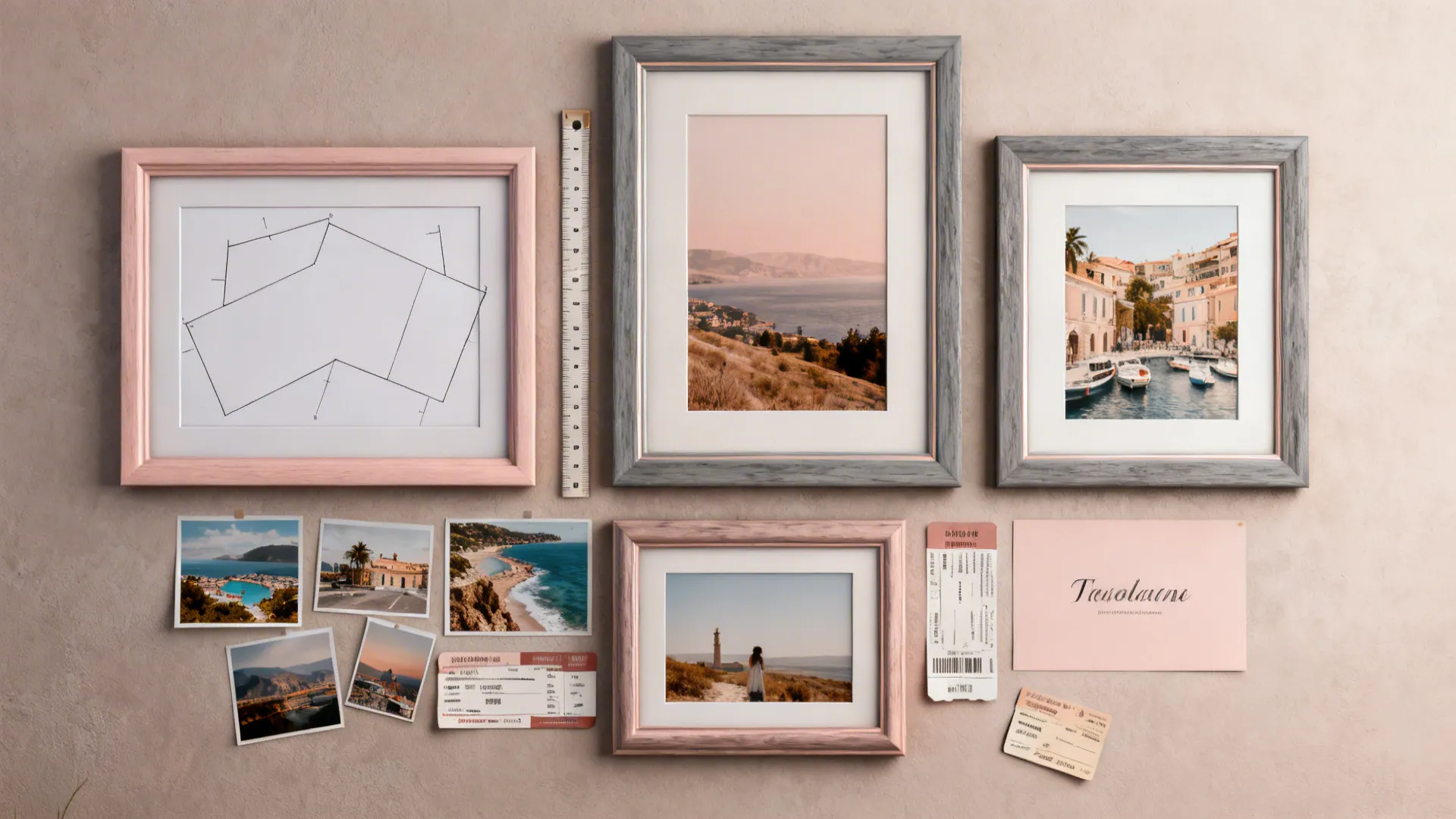 Top-down flatlay of framed photos, paper templates and measuring tools for a gallery wall layout.
