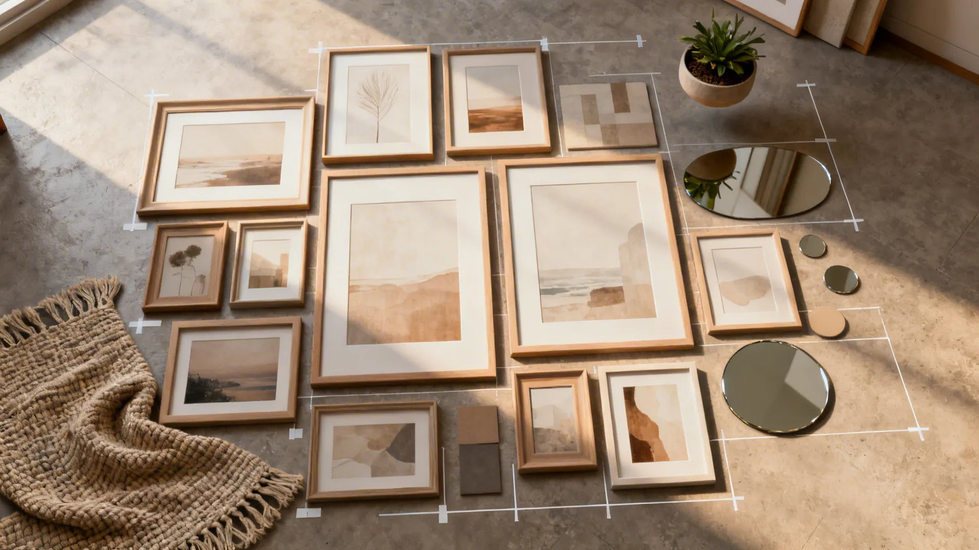 Flatlay of mixed gallery wall items laid out on the floor with spacing guides.