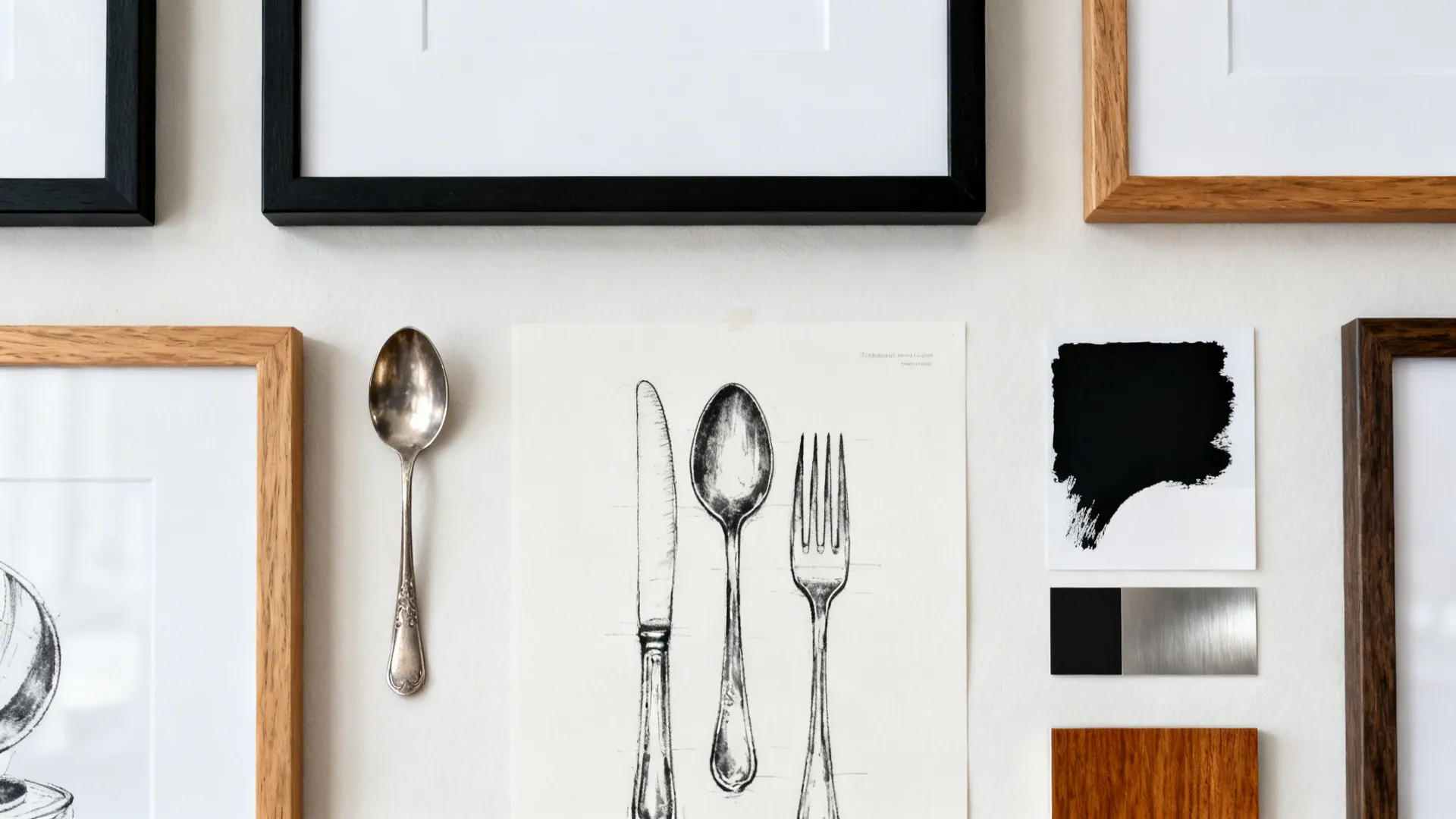 Flat-lay of frames, mats, pewter spoons, and palette chips for a utensil gallery wall.