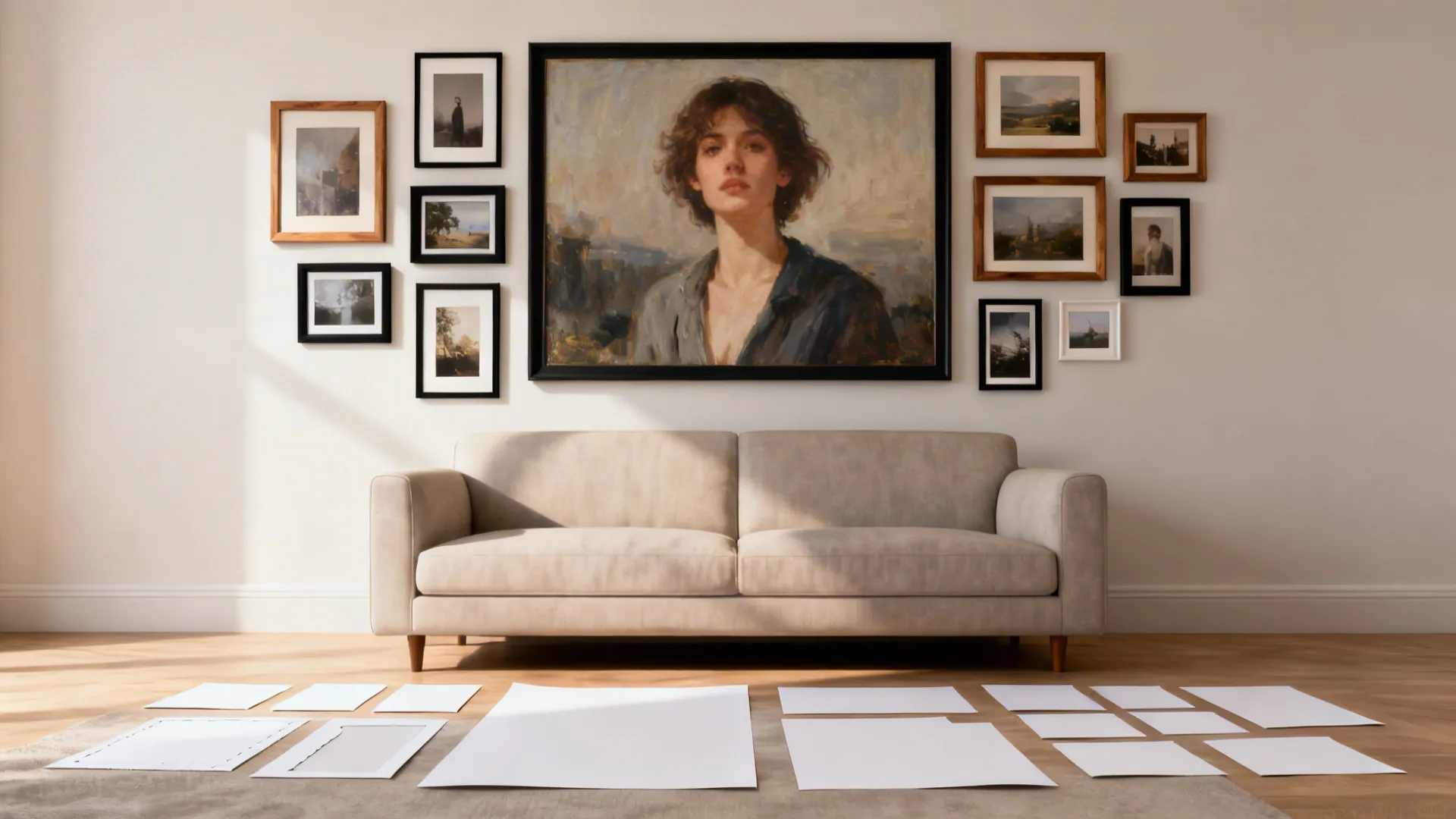 Living room with beige sofa and wall gallery featuring a large central portrait with frames
