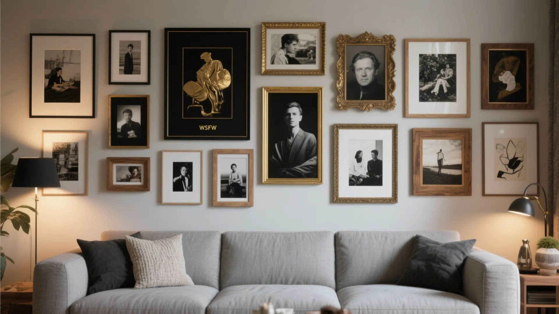 Gallery wall of mixed frames above a living room sofa