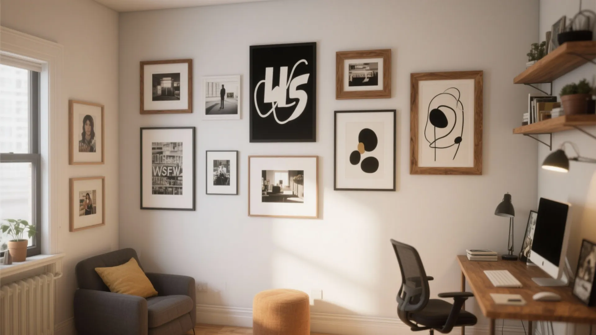 Home office with gallery wall art gray sofa wooden desk computer chair and natural sunlight