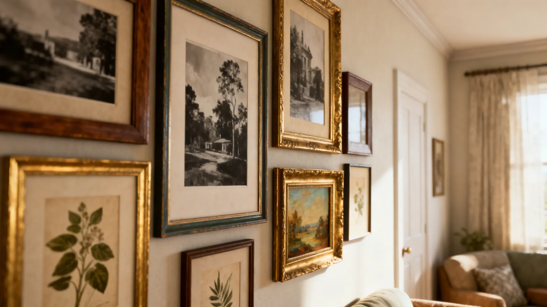 Mixed vintage frames with photography and botanical prints in a curated gallery wall.