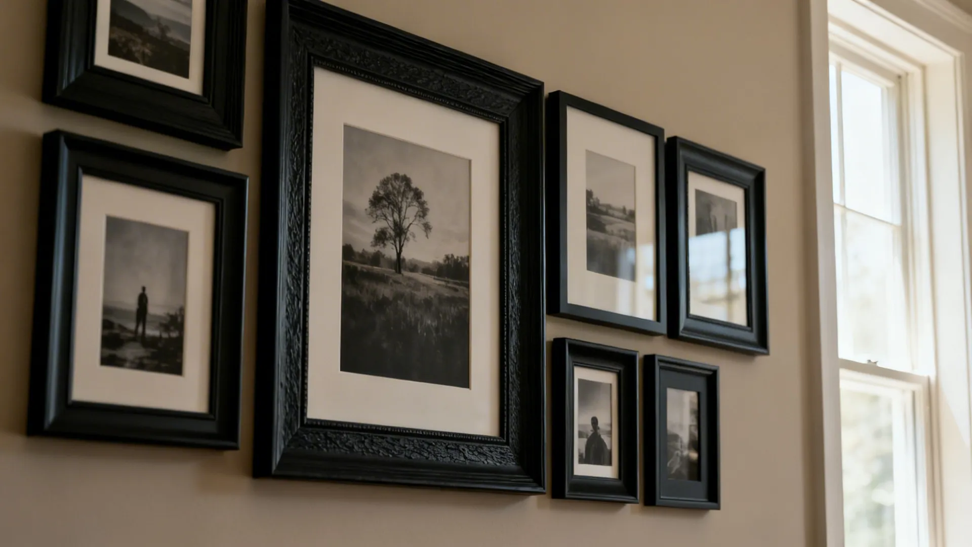 Gallery wall above a dining table with consistent black frames and varied artwork