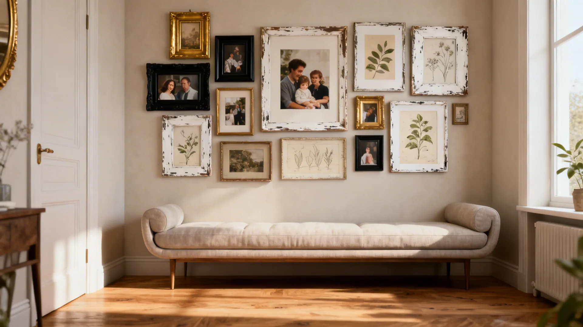 Gallery wall of mixed vintage frames above a sofa in a small living area.