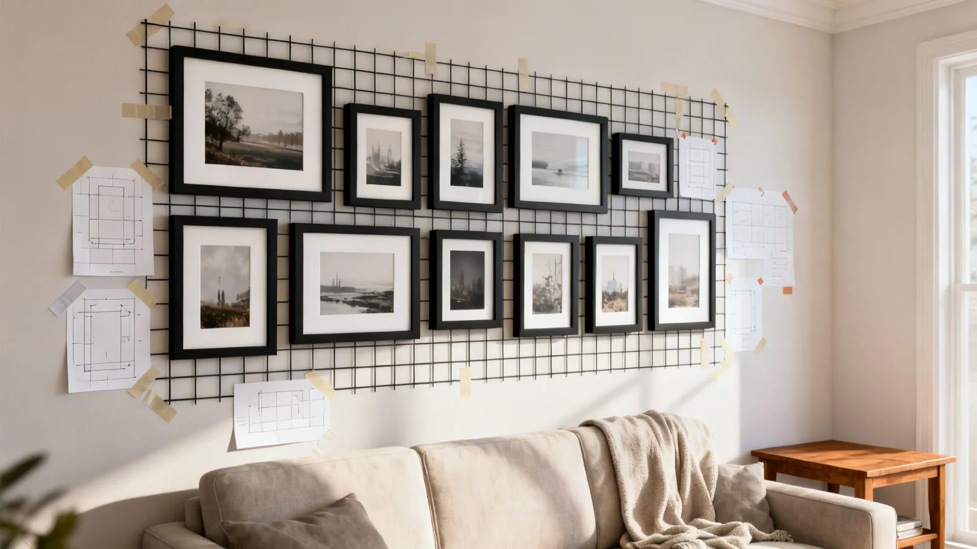 Gallery wall of consistent black frames with white mats above a sofa, with paper templates visible