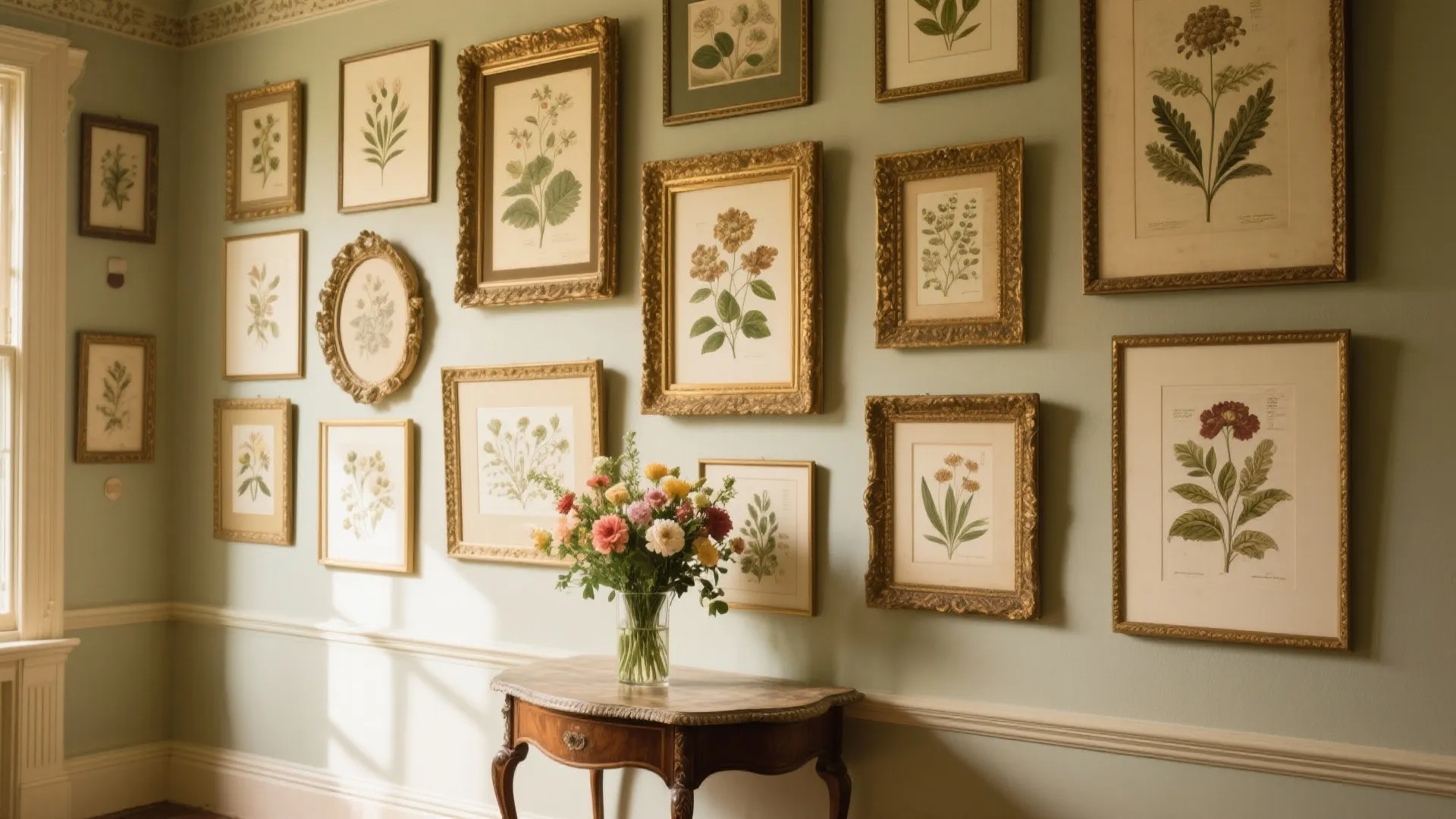 Gallery wall featuring many gold framed flower drawings on green wall above a wooden side table