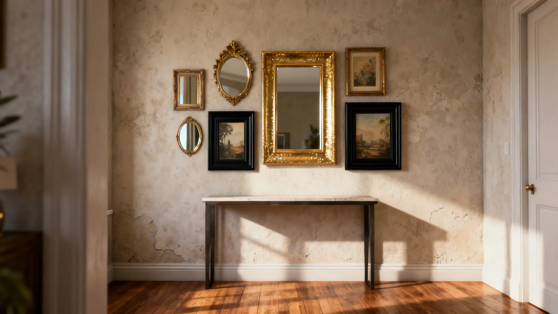 Gallery wall with mixed gold mirrors and framed prints, including a rectangular gilt mirror.