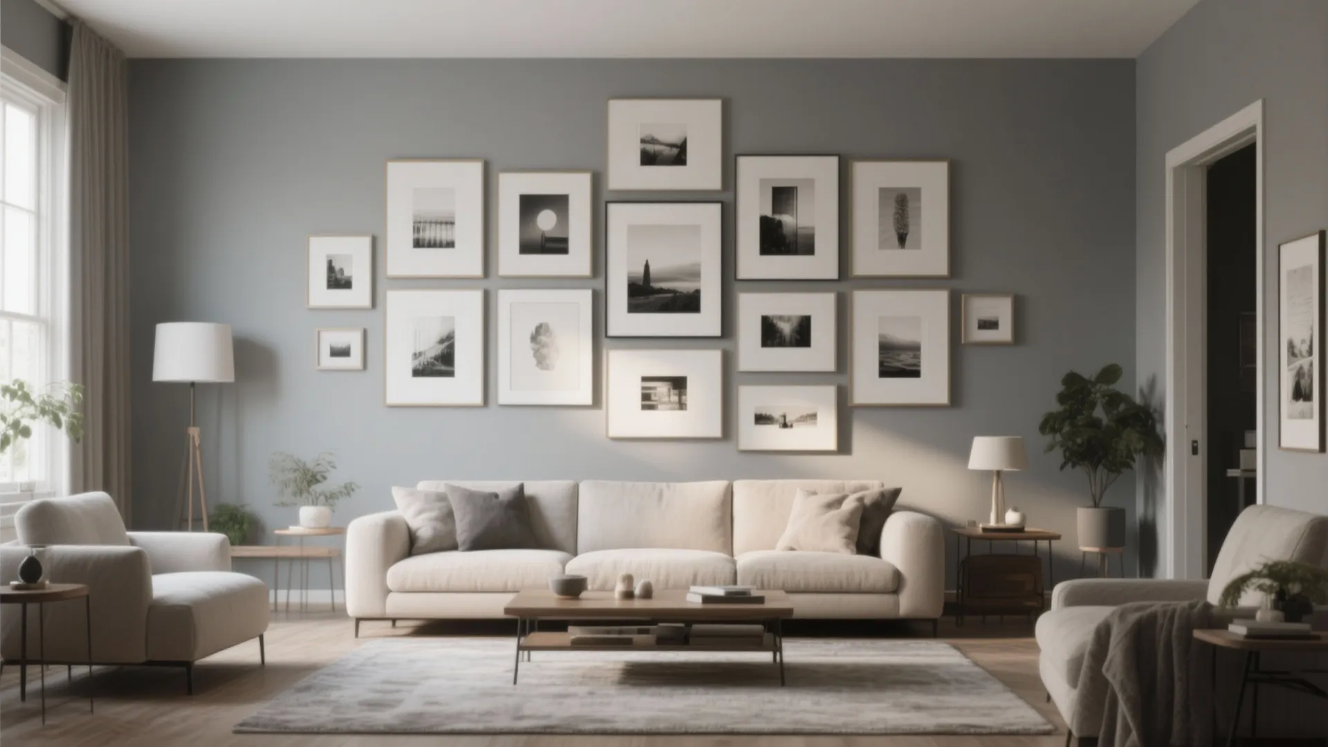 Living room with many framed pictures on grey wall white sofa and wooden coffee table furniture