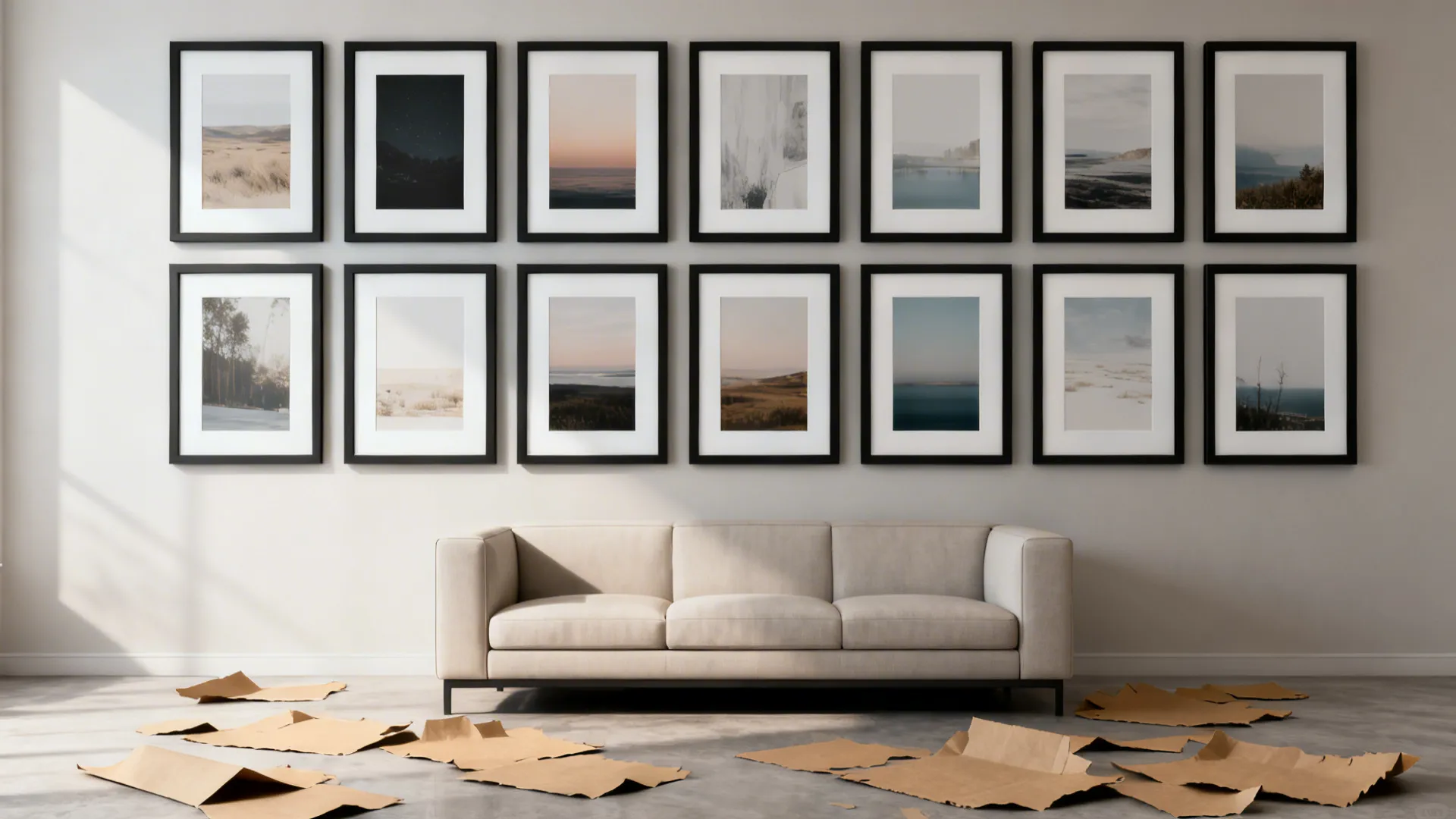 Strict grid gallery wall with consistent frames above a sofa in a modern living room