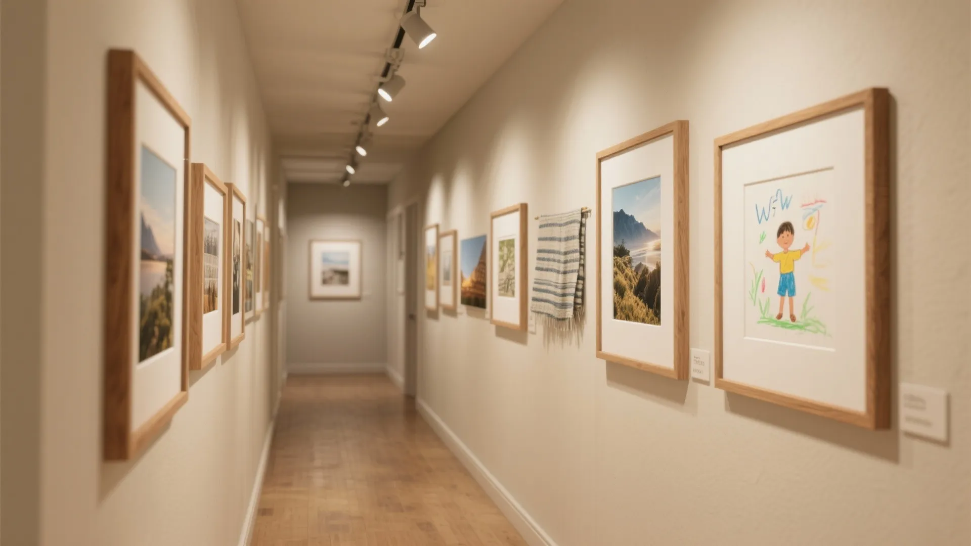 Long hallway with many wooden picture frames on beige walls and bright track light fixtures
