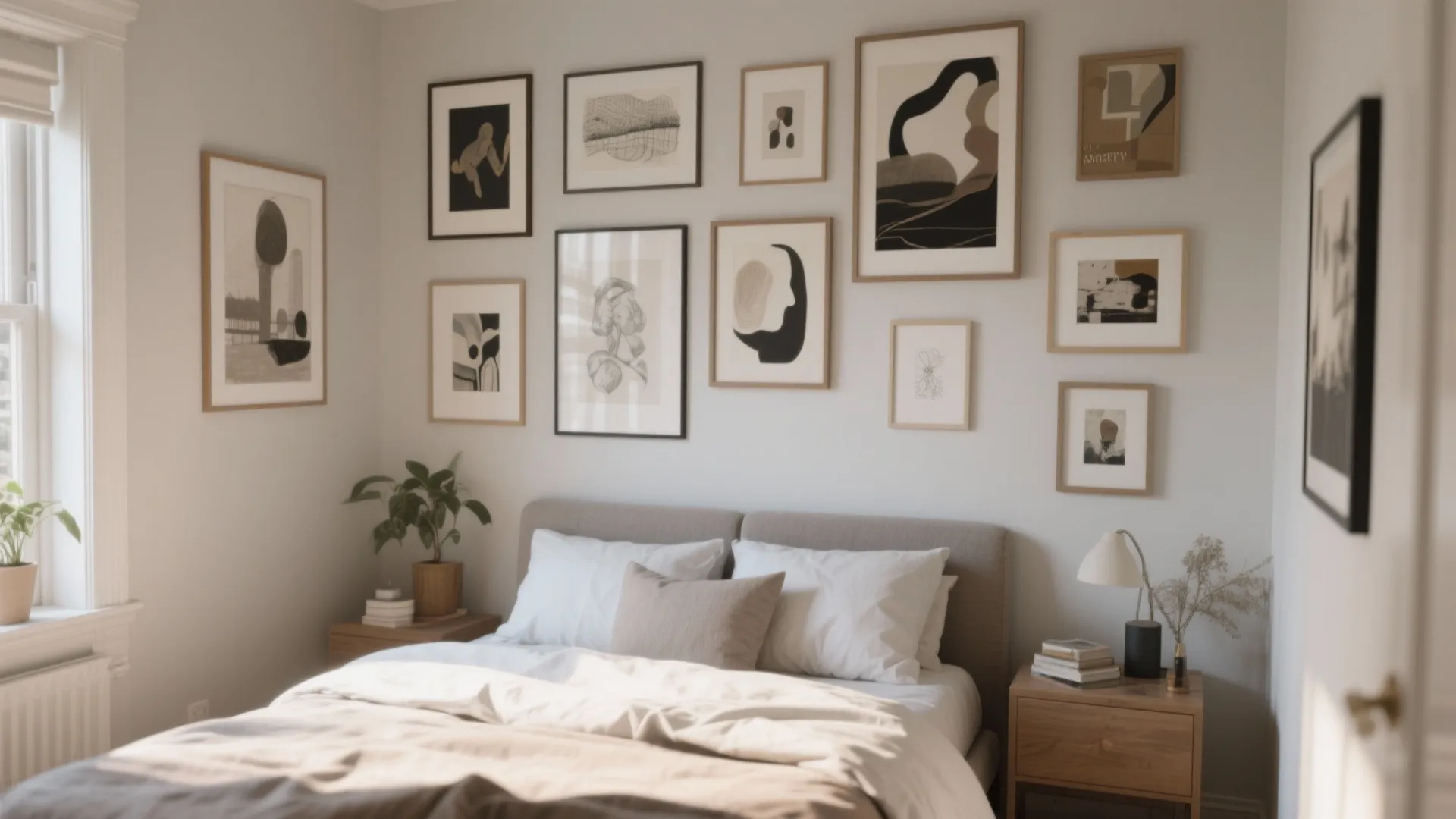 Modern bedroom with a gallery wall of framed art prints above a grey fabric bed