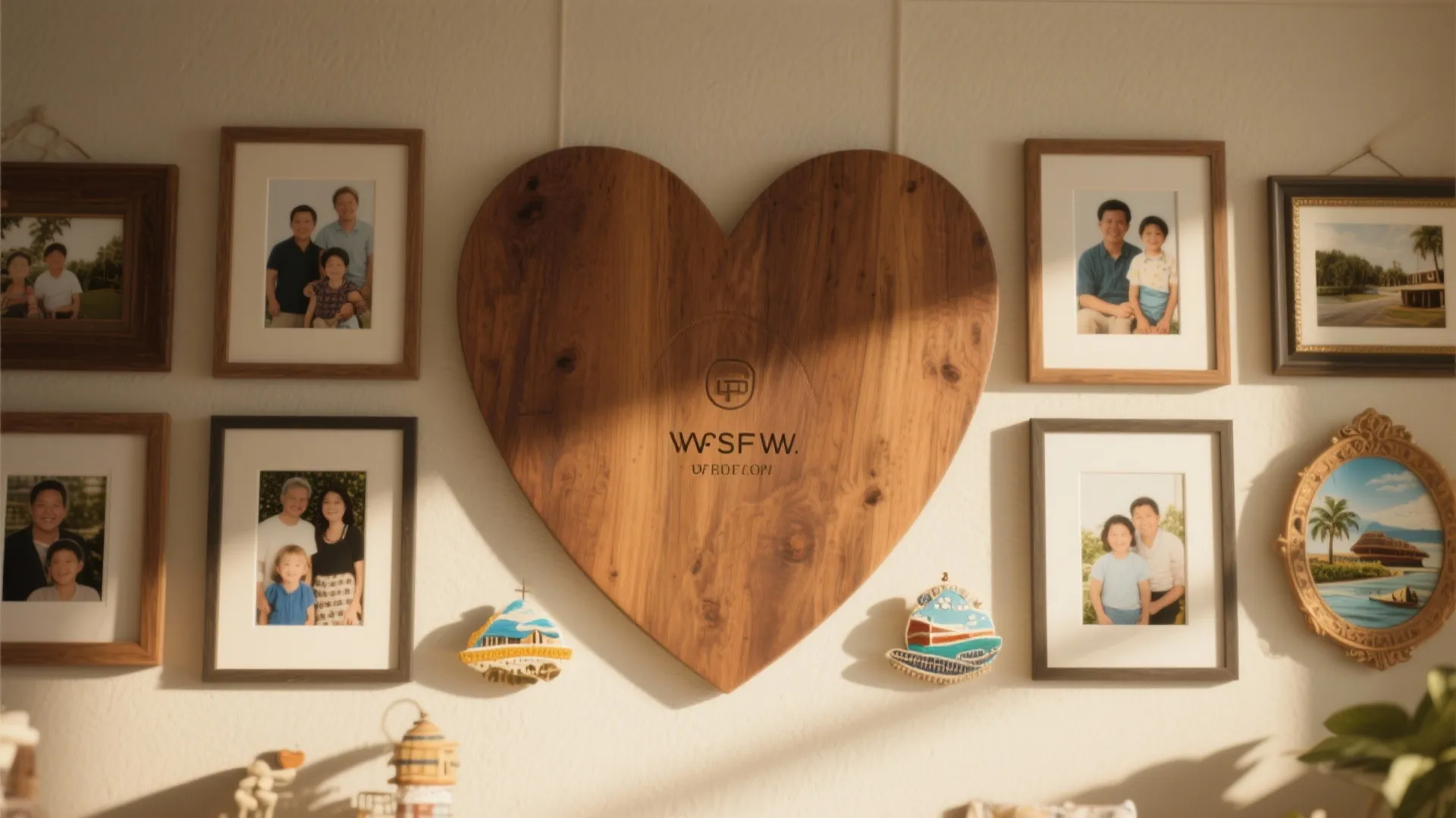 Large wood heart anchoring gallery wall with family photos