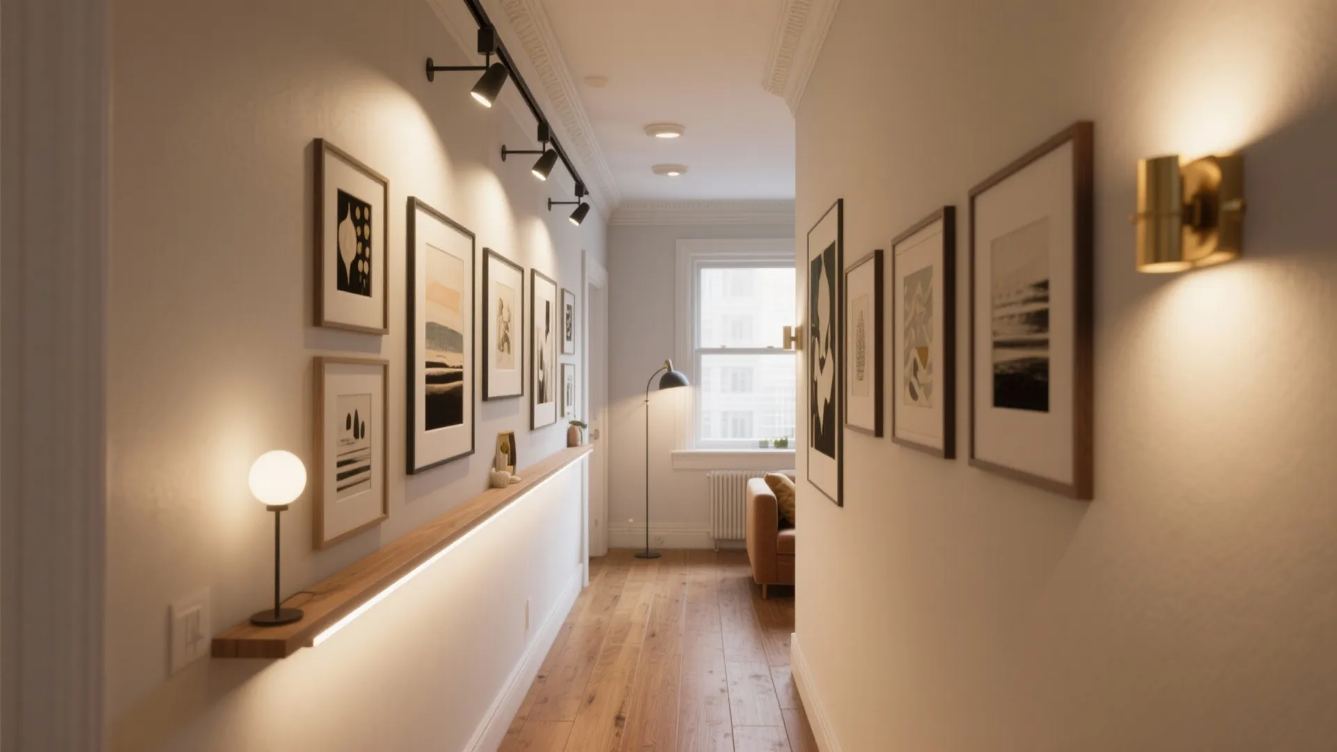 Narrow hallway with wooden floors featuring framed art gallery walls and warm track lighting fixtures