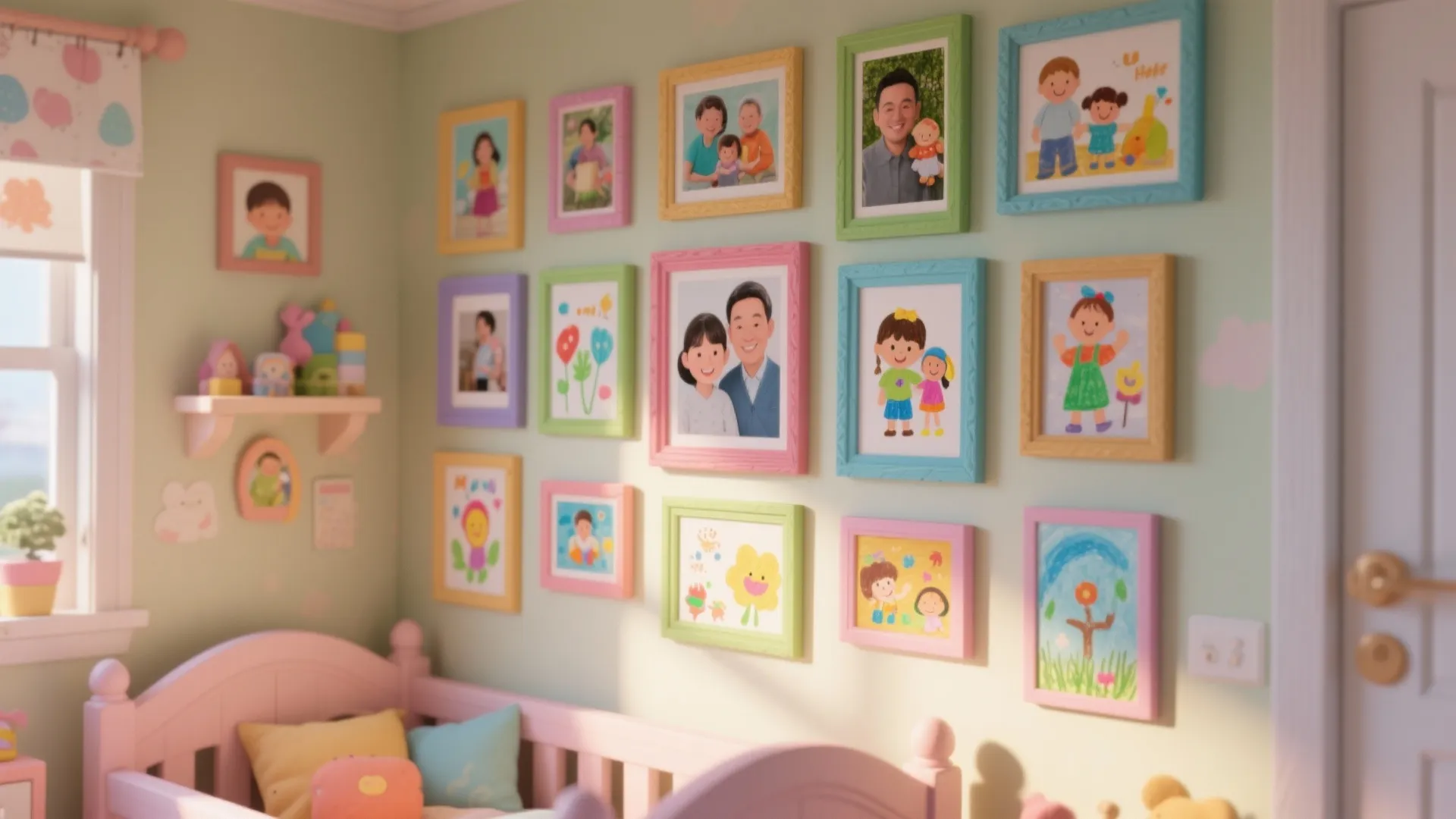 Kids bedroom gallery wall with colorful photo frames showing family pictures and cute child drawings