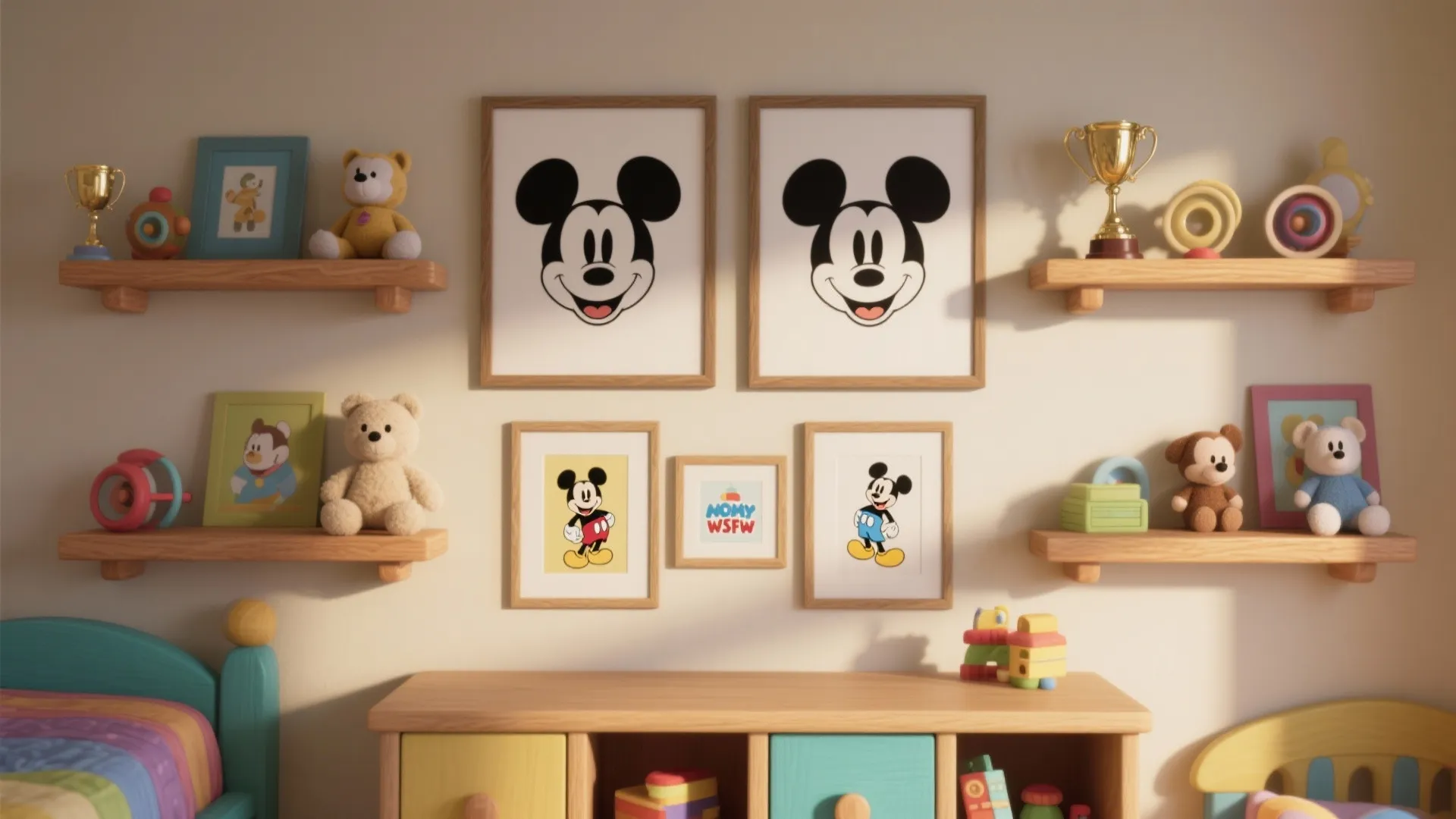 Wooden shelves in a kids bedroom holding teddy bears toys and cartoon character framed pictures