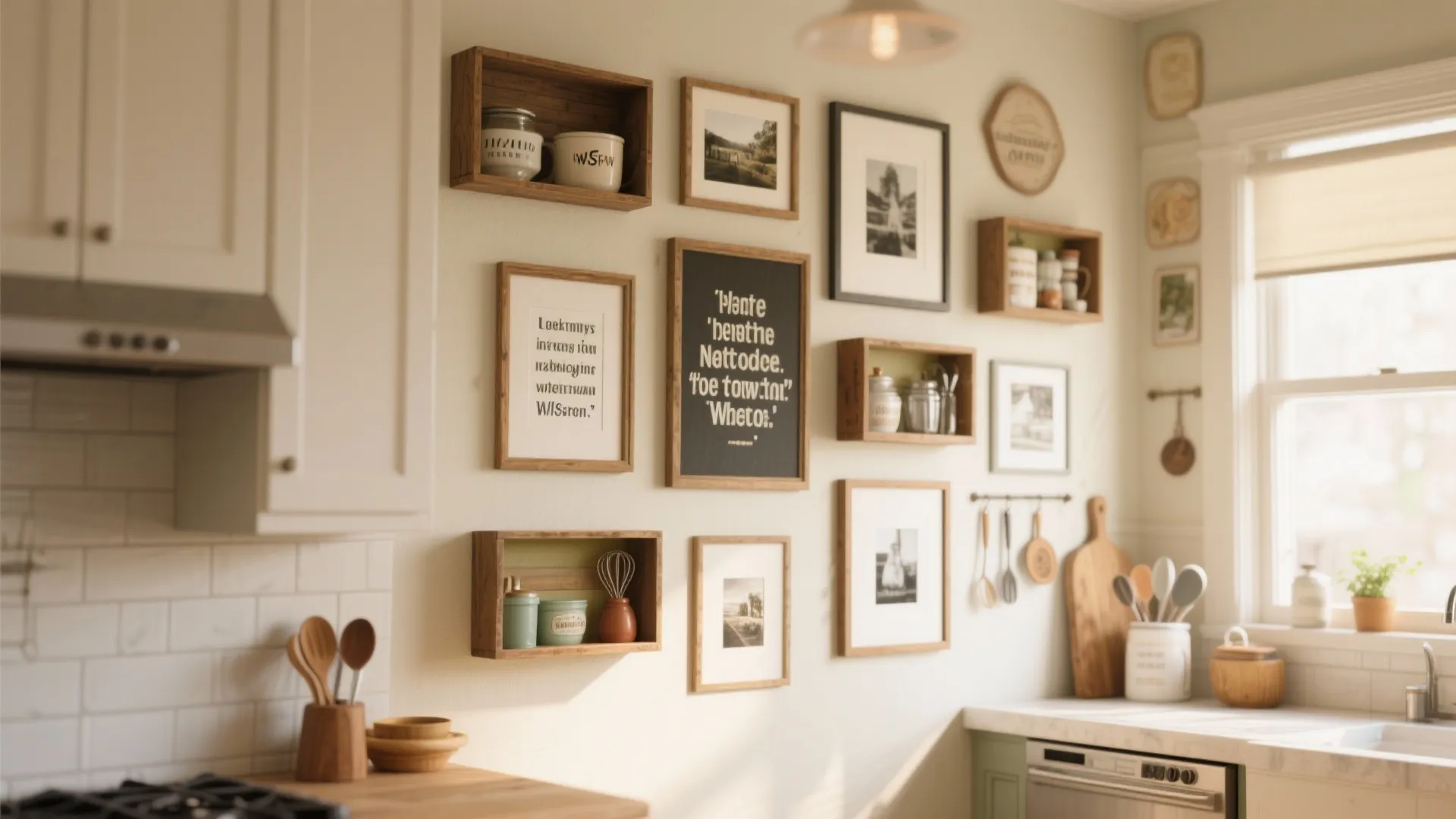Kitchen wall decorated with various wooden frames, small storage boxes, and various framed art prints