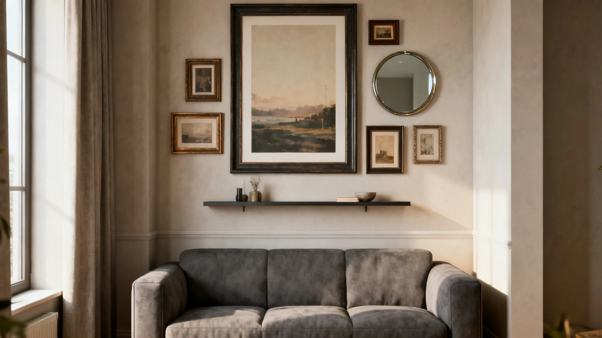 Grey sofa below black shelf and gallery wall with framed pictures and round wall mirror