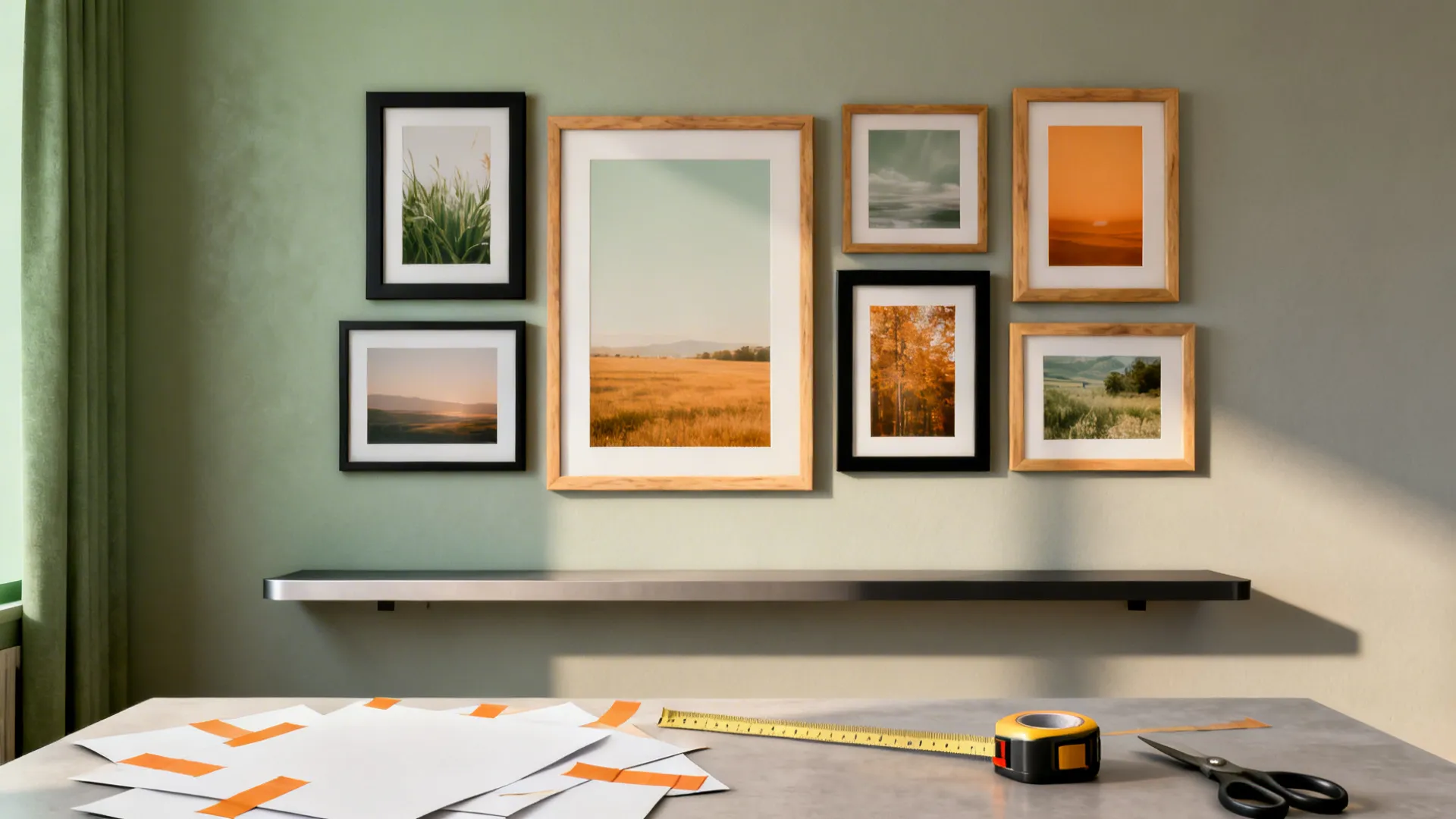 Gallery wall mockup showing unified color prints and frames above a console, with layout tools.