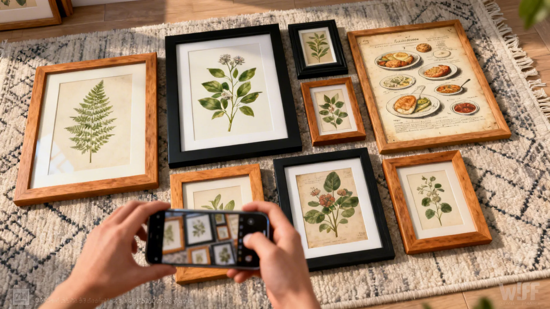 Mixed frames and prints arranged on the floor for a cohesive gallery wall layout.