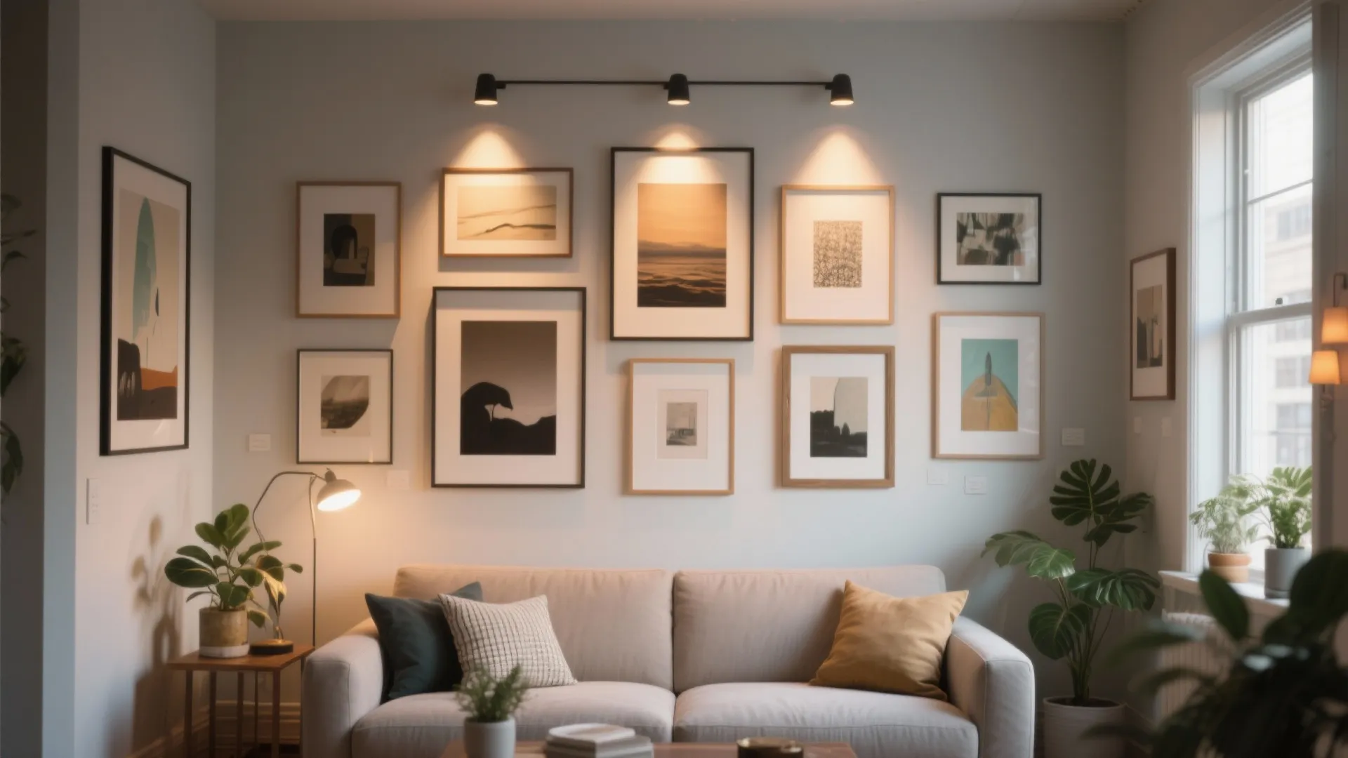 3. Cohesive gallery wall with mixed frames and strategic lighting