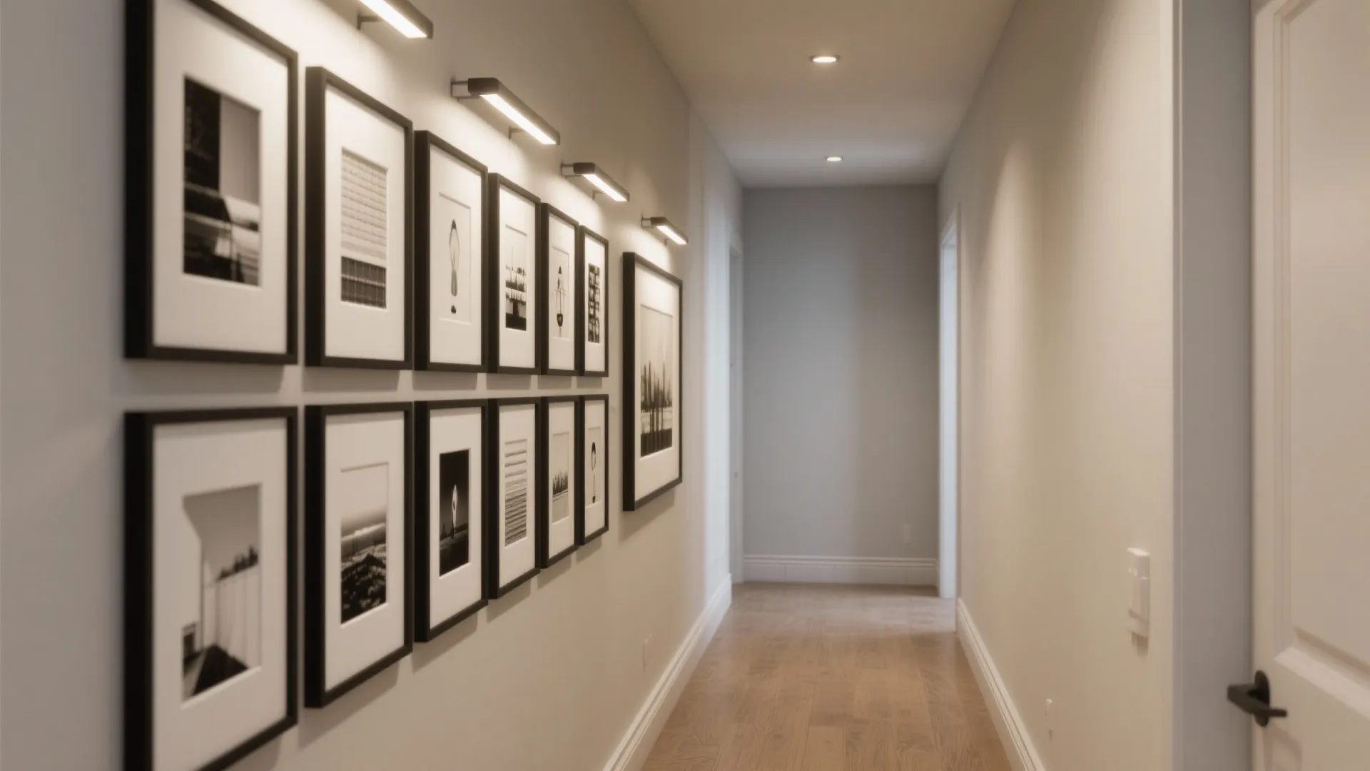 Long hallway with black picture frames on wall illuminated by individual wall light fixtures and lamps