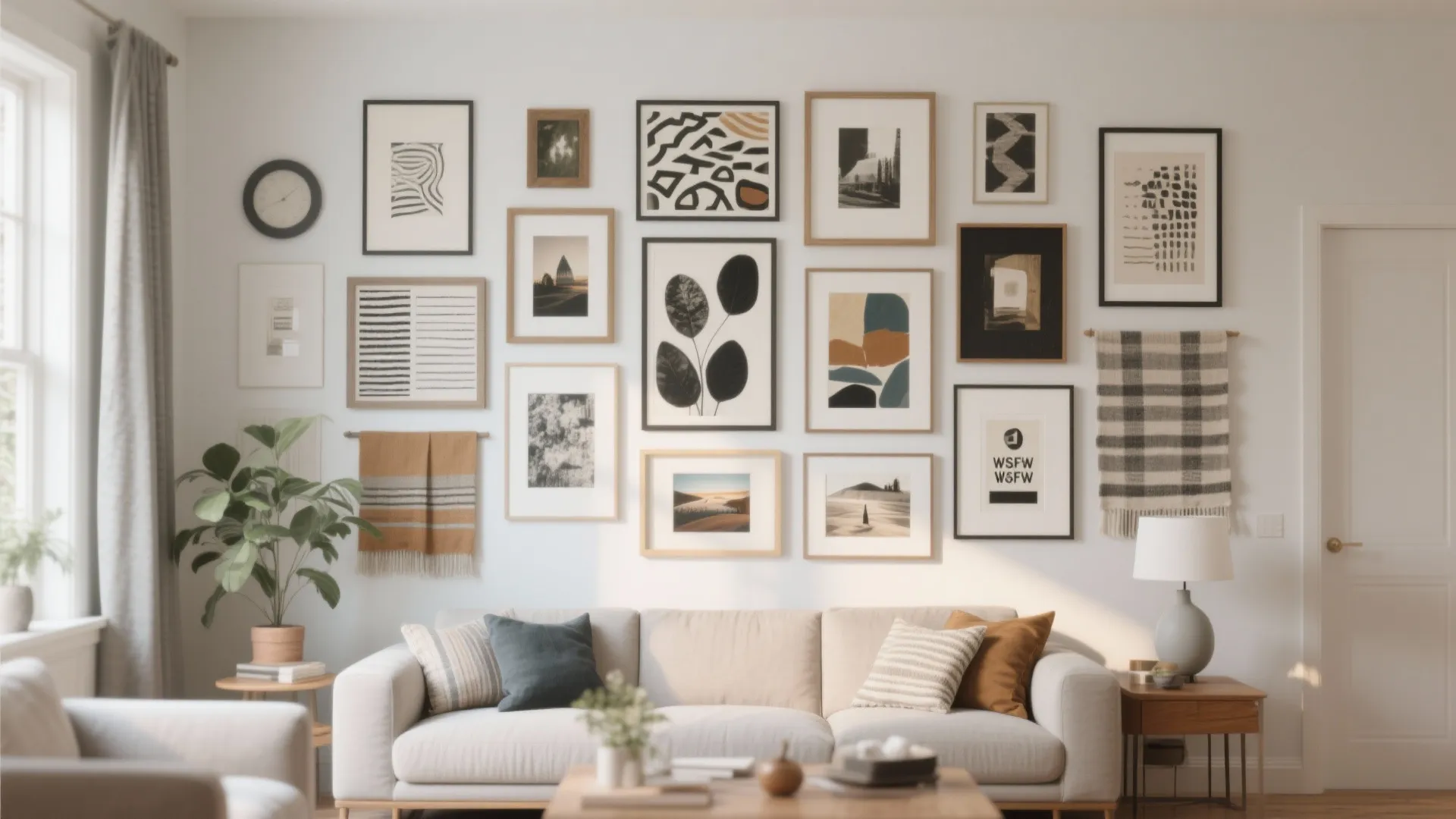 Gallery wall in a living room with a mix of art and photos