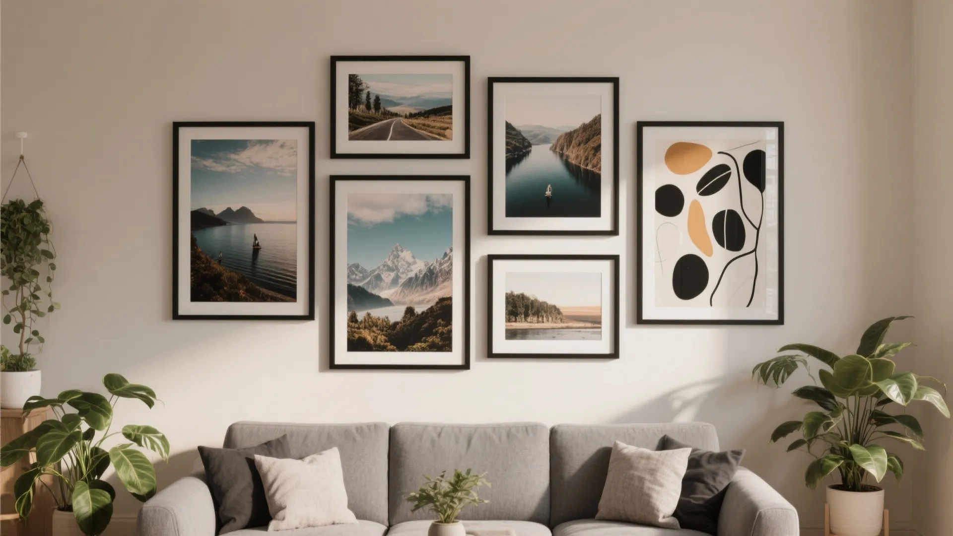 Living room with gallery wall of travel and abstract art