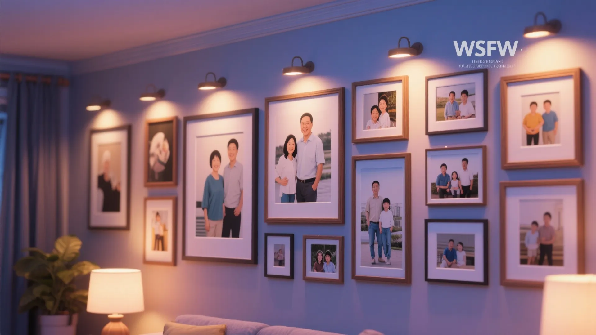 Living room wall decorated with framed art collection