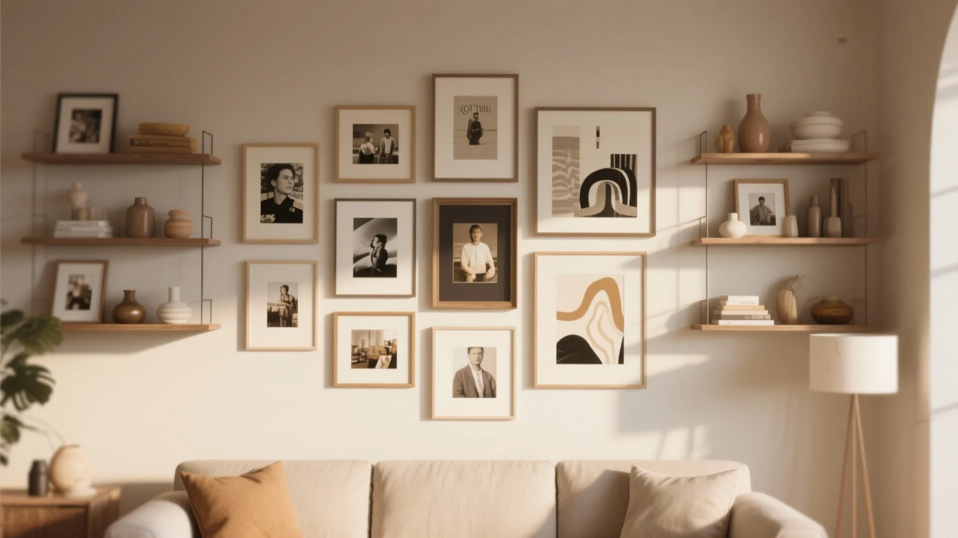 Living room gallery wall with various framed pictures wooden shelves beige sofa and tall floor lamp