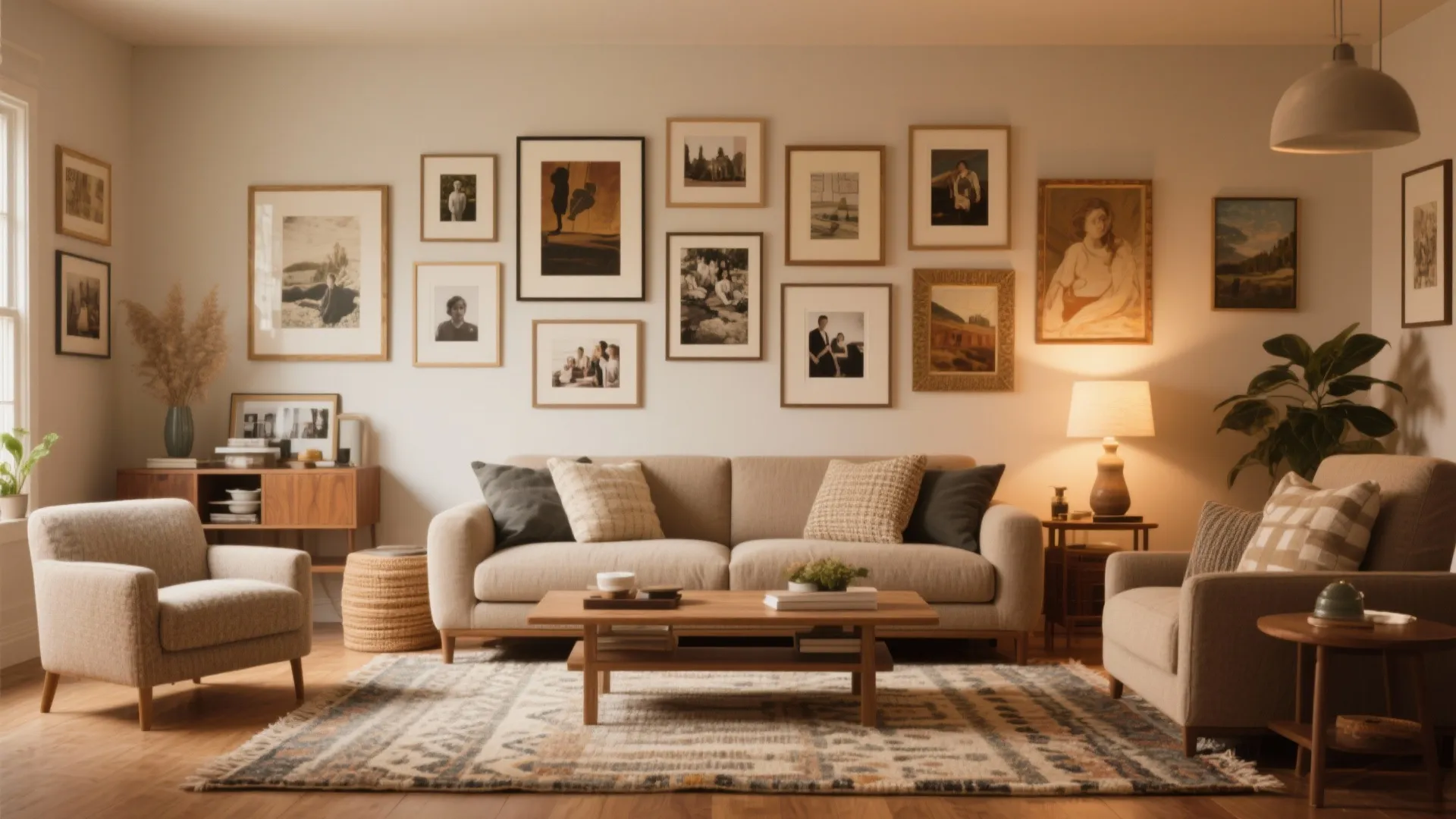 Cozy living room featuring large gallery wall with multiple framed pictures above a beige sofa